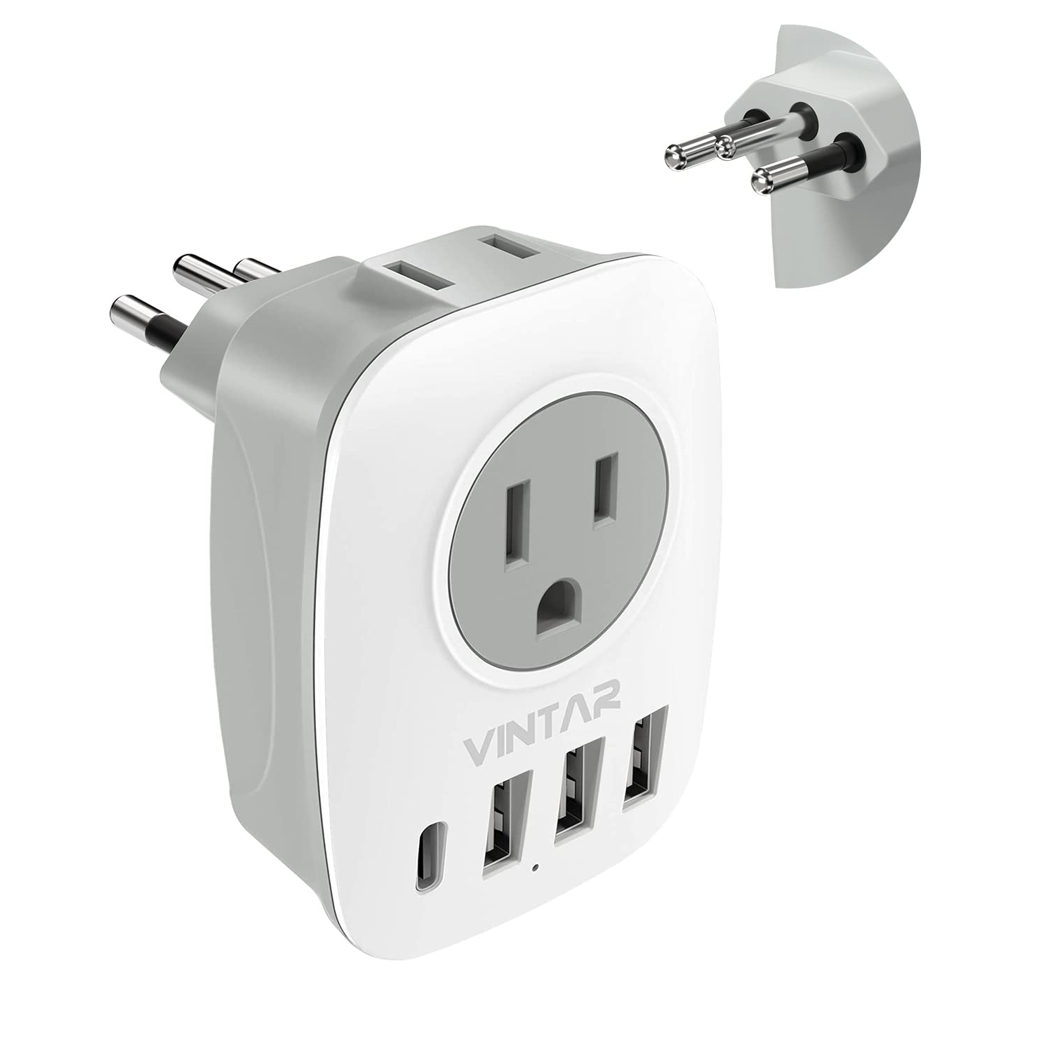Brazil Adapter Plug,VINTAR Type N Plug Adapter with 1 USB C,3 USB Ports and 2 American Outlets,6 in 1 Brazil Power Adapter for Canada to Brazil