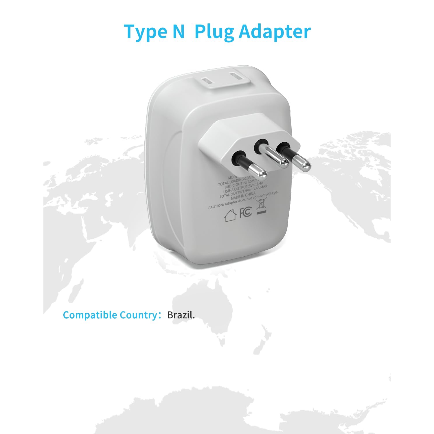 Brazil Adapter Plug,VINTAR Type N Plug Adapter with 1 USB C,3 USB Ports and 2 American Outlets,6 in 1 Brazil Power Adapter for Canada to Brazil