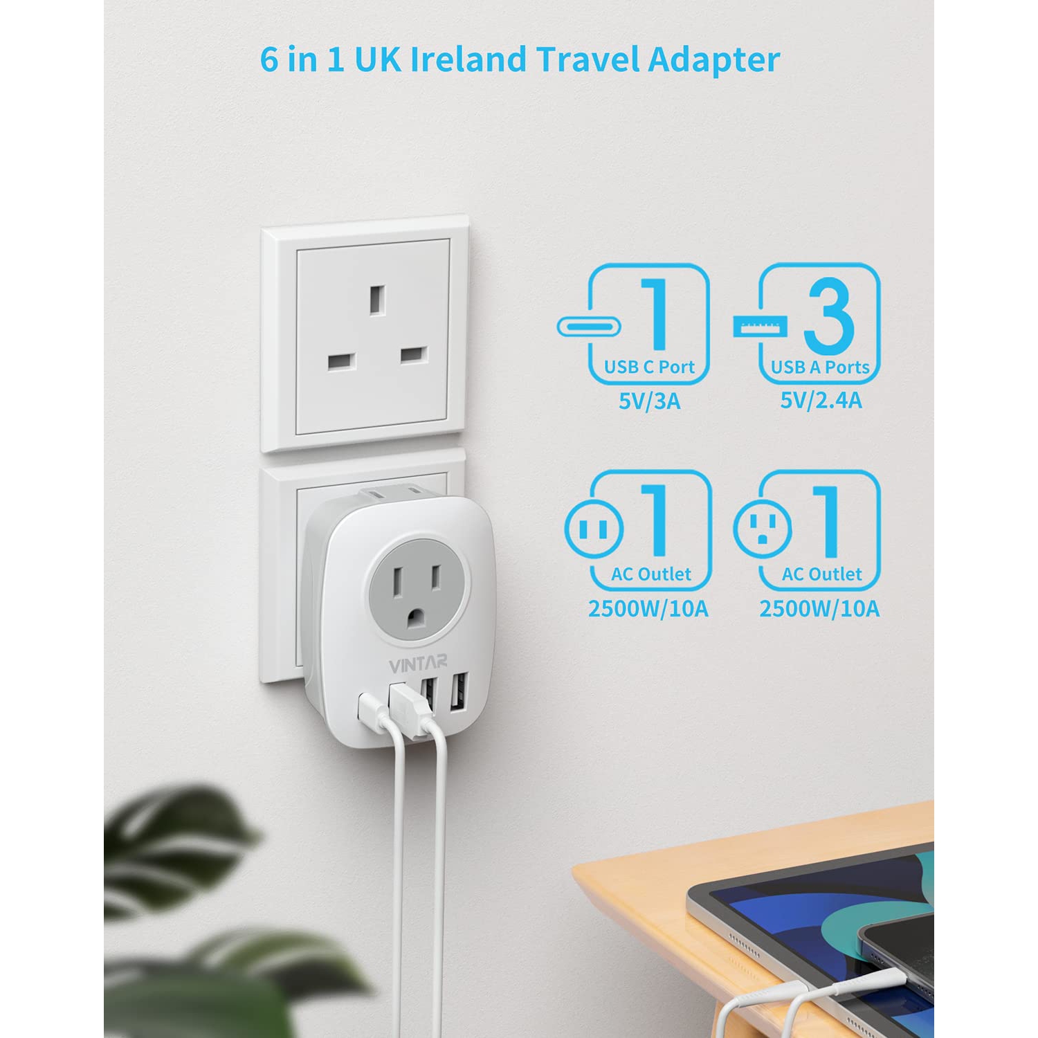 UK Ireland – Adaptateur de prise de voyage, VINTAR Canada vers UK, 1 USB C, 2 prises américaines et 3 ports USB, adaptateur d’alimentation