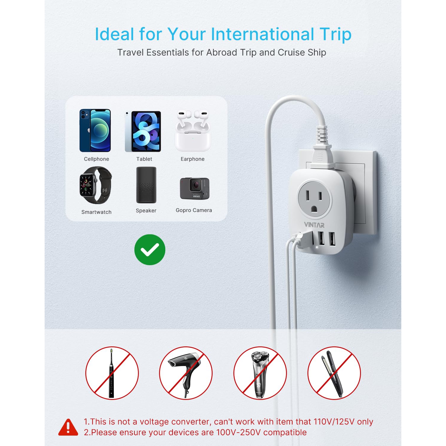 UK Ireland – Adaptateur de prise de voyage, VINTAR Canada vers UK, 1 USB C, 2 prises américaines et 3 ports USB, adaptateur d’alimentation