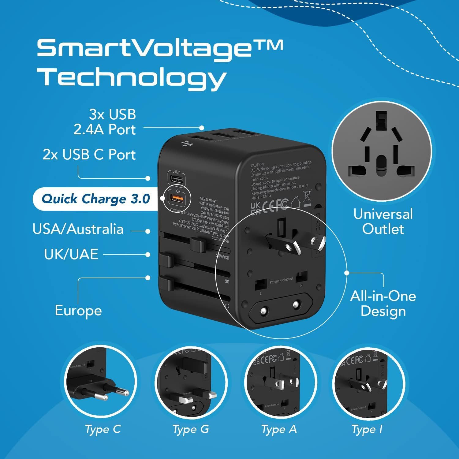 International Travel Plug Adapter - Powerful 33.5W with Pd & QC 3.0 Dual USB-C Power - 3 USB Ports Wall Charger Type I C G A Outlets 110V 220V A/C -