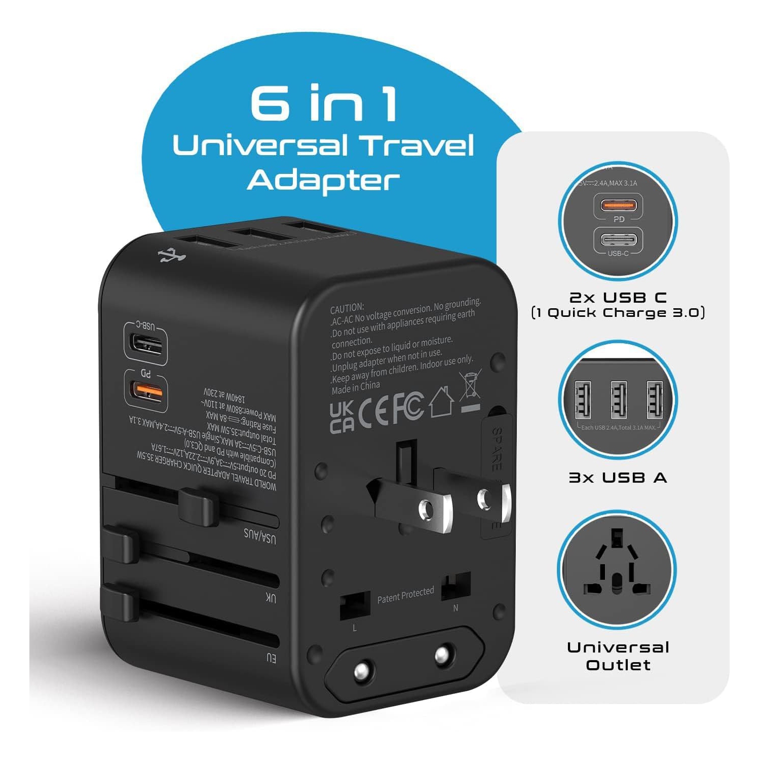 International Travel Plug Adapter - Powerful 33.5W with Pd & QC 3.0 Dual USB-C Power - 3 USB Ports Wall Charger Type I C G A Outlets 110V 220V A/C -