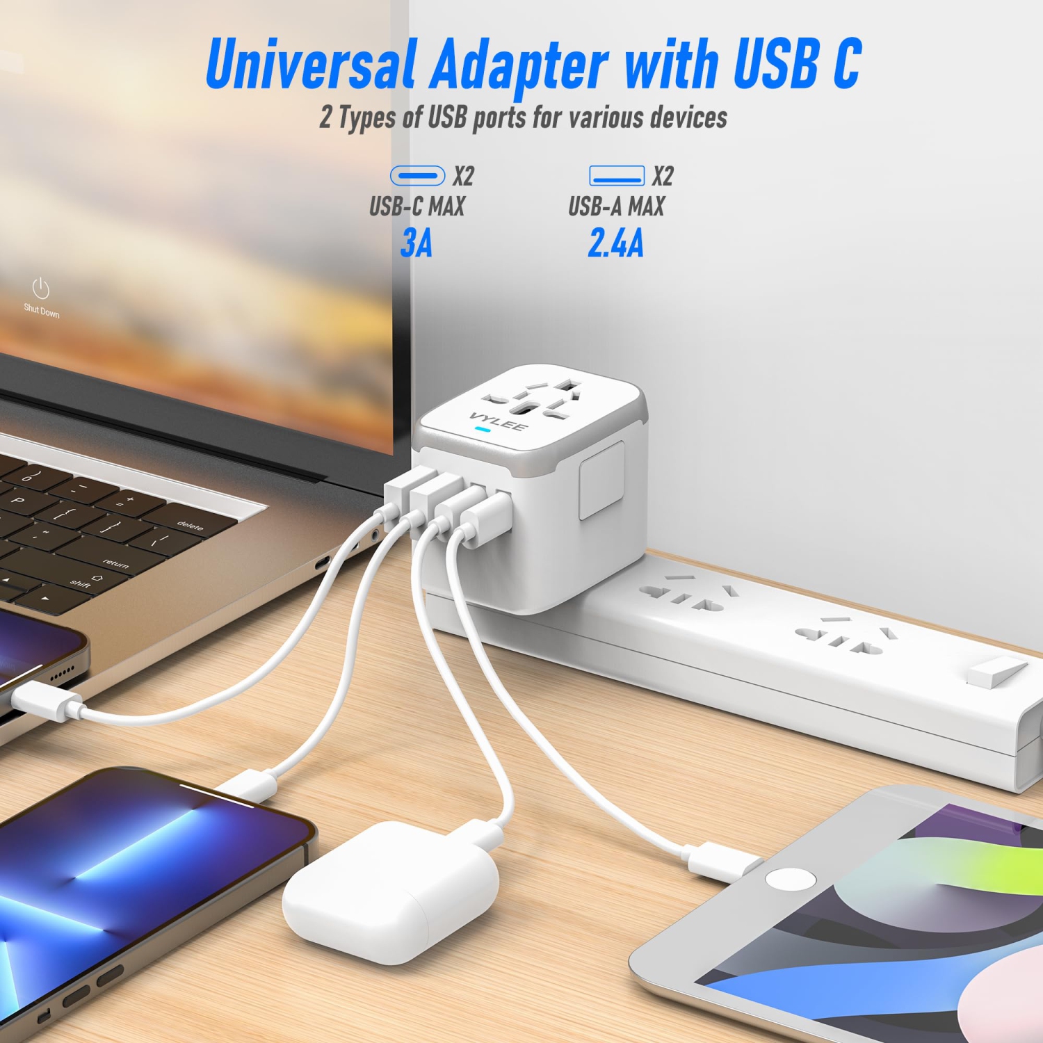 Universal International Power Travel Plug Adapter, 5 in 1 European Travel Adapter W/ 3.5A 2xUSB-A and 2xUSB C Wall Charger and Worldwide AC Outlet