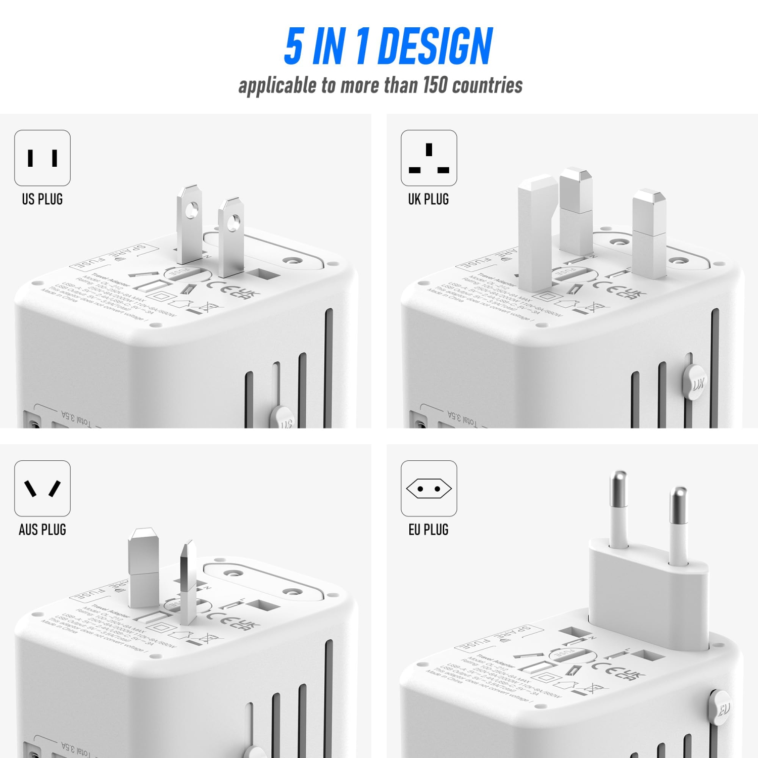 Universal International Power Travel Plug Adapter, 5 in 1 European Travel Adapter W/ 3.5A 2xUSB-A and 2xUSB C Wall Charger and Worldwide AC Outlet
