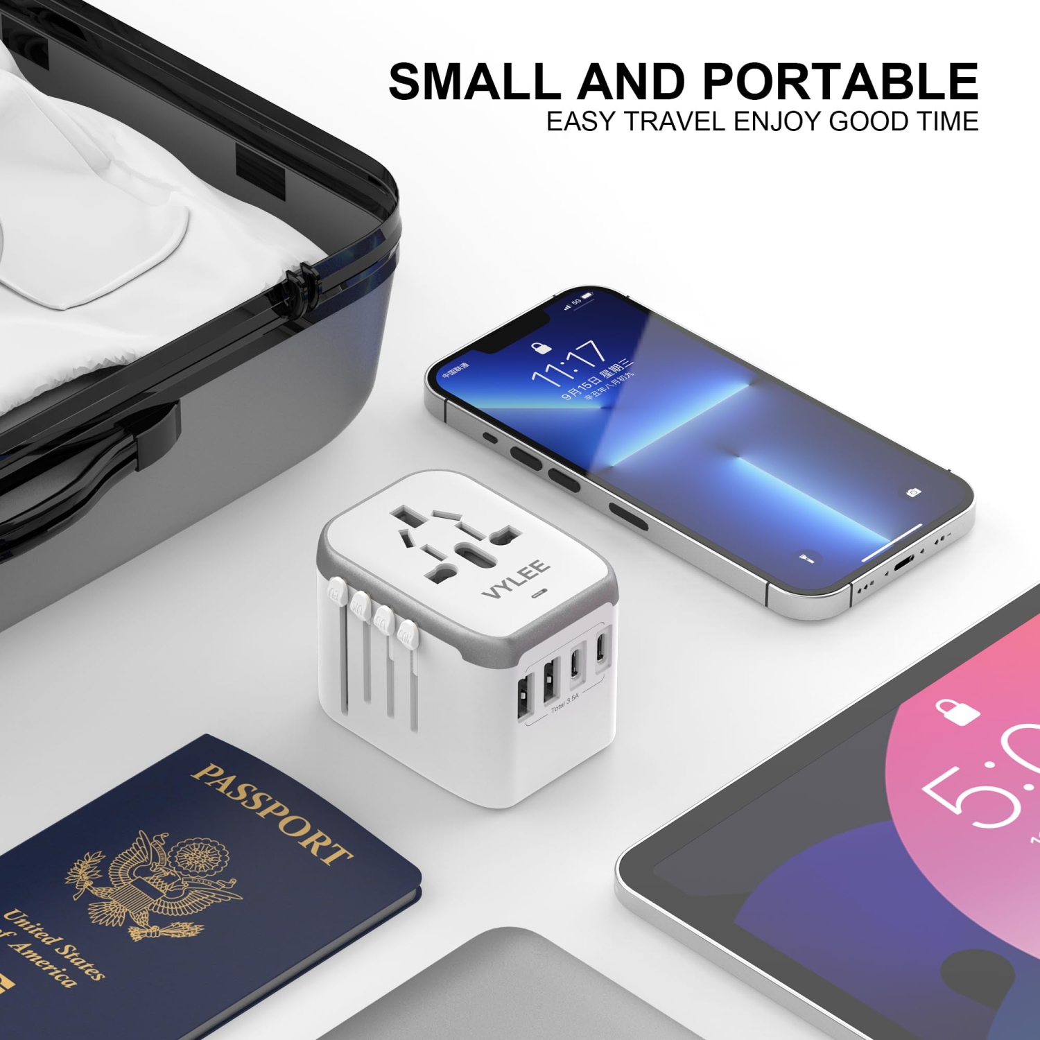 Universal International Power Travel Plug Adapter, 5 in 1 European Travel Adapter W/ 3.5A 2xUSB-A and 2xUSB C Wall Charger and Worldwide AC Outlet