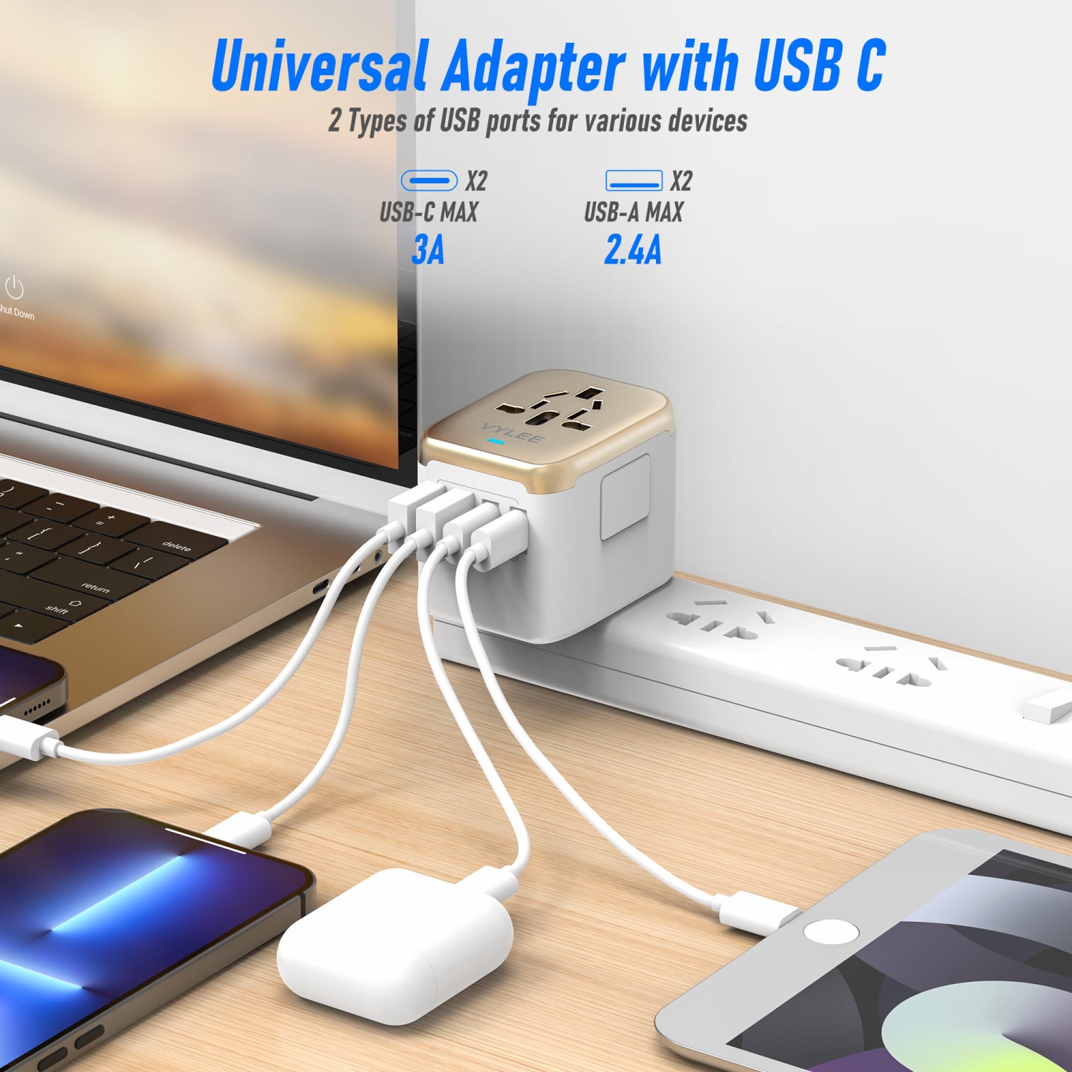 Universal International Power Travel Plug Adapter, 5 in 1 European TravelAdapter W/ 3.5A 2xUSB-A and 2xUSB C Wall Charger and Worldwide AC Outlet for