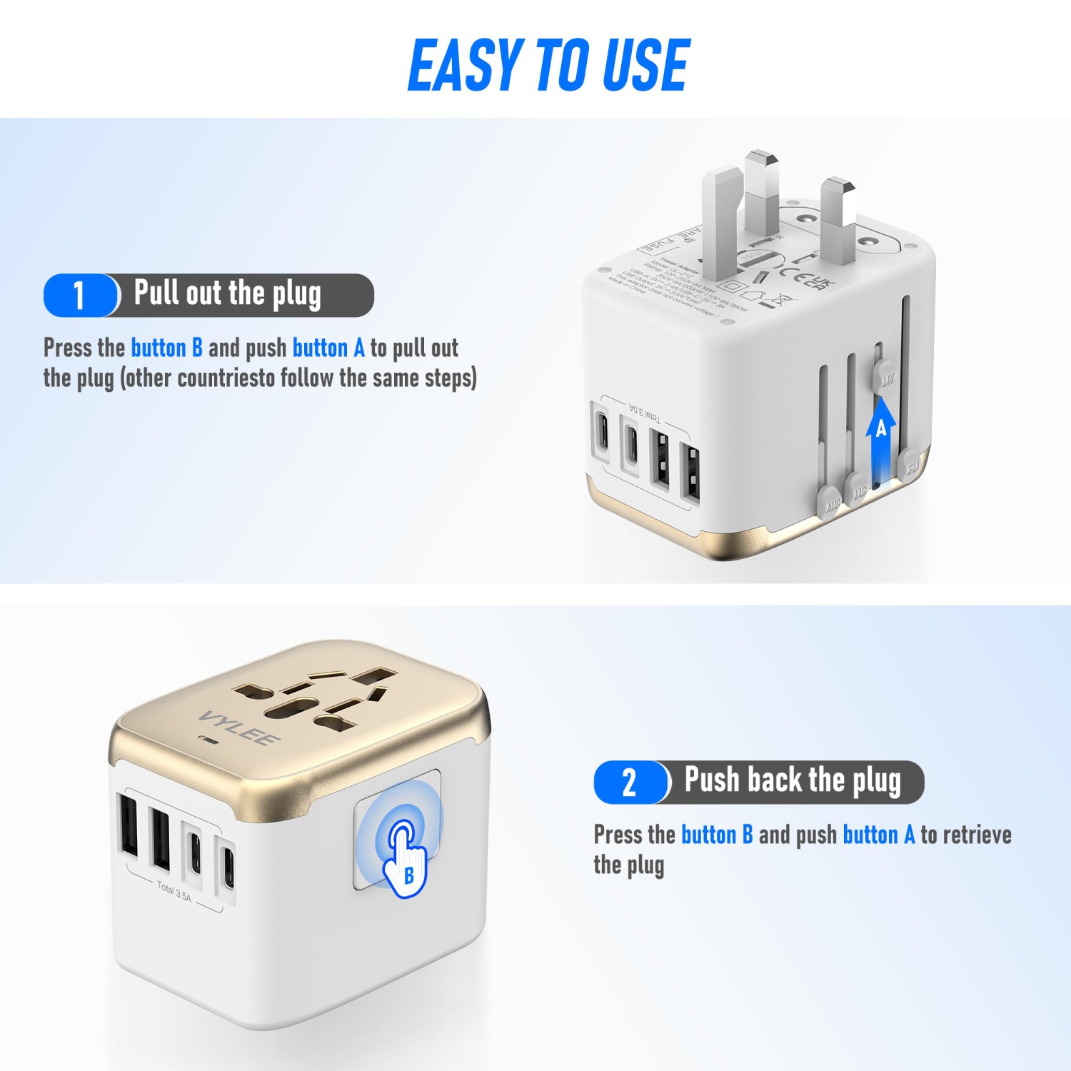 Universal International Power Travel Plug Adapter, 5 in 1 European TravelAdapter W/ 3.5A 2xUSB-A and 2xUSB C Wall Charger and Worldwide AC Outlet for