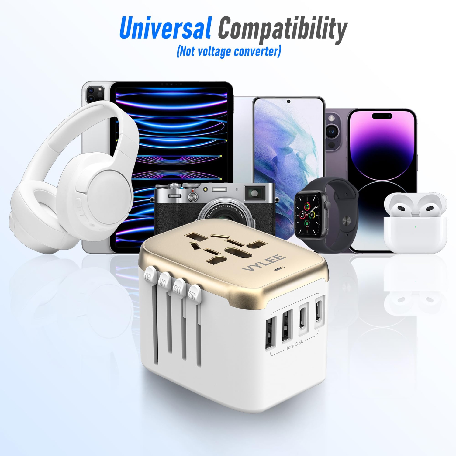 Universal International Power Travel Plug Adapter, 5 in 1 European TravelAdapter W/ 3.5A 2xUSB-A and 2xUSB C Wall Charger and Worldwide AC Outlet for