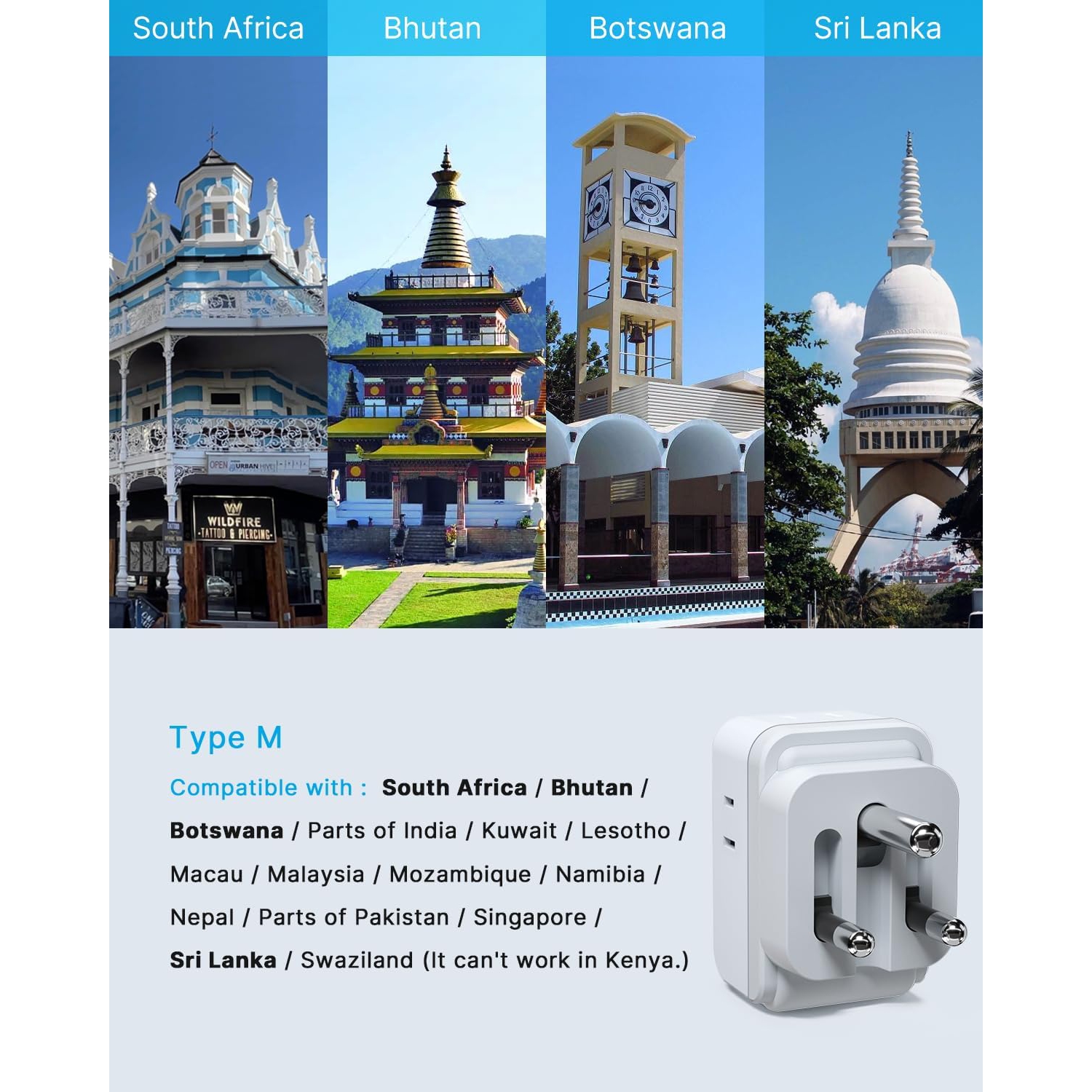 1 Pack South Africa Plug Adapter, Fordable Type M Travel Adapter with 4 AC Outlets and 3 USB Ports(2 USB C), Travel Essentials for Canada to South