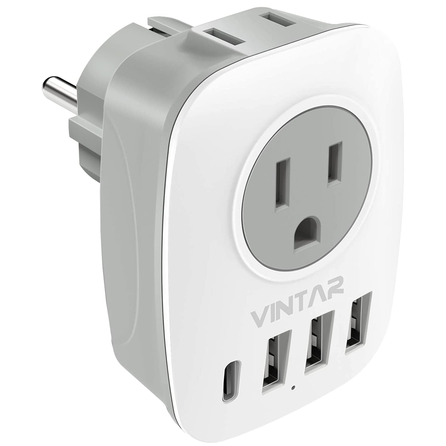 Type E/F Plug Adapter, VINTAR Schuko Germany France Adapter Plug,South Korea Outlet Adapter with 1 USB C,3 USB Ports and US Outlets, US to EU Spain