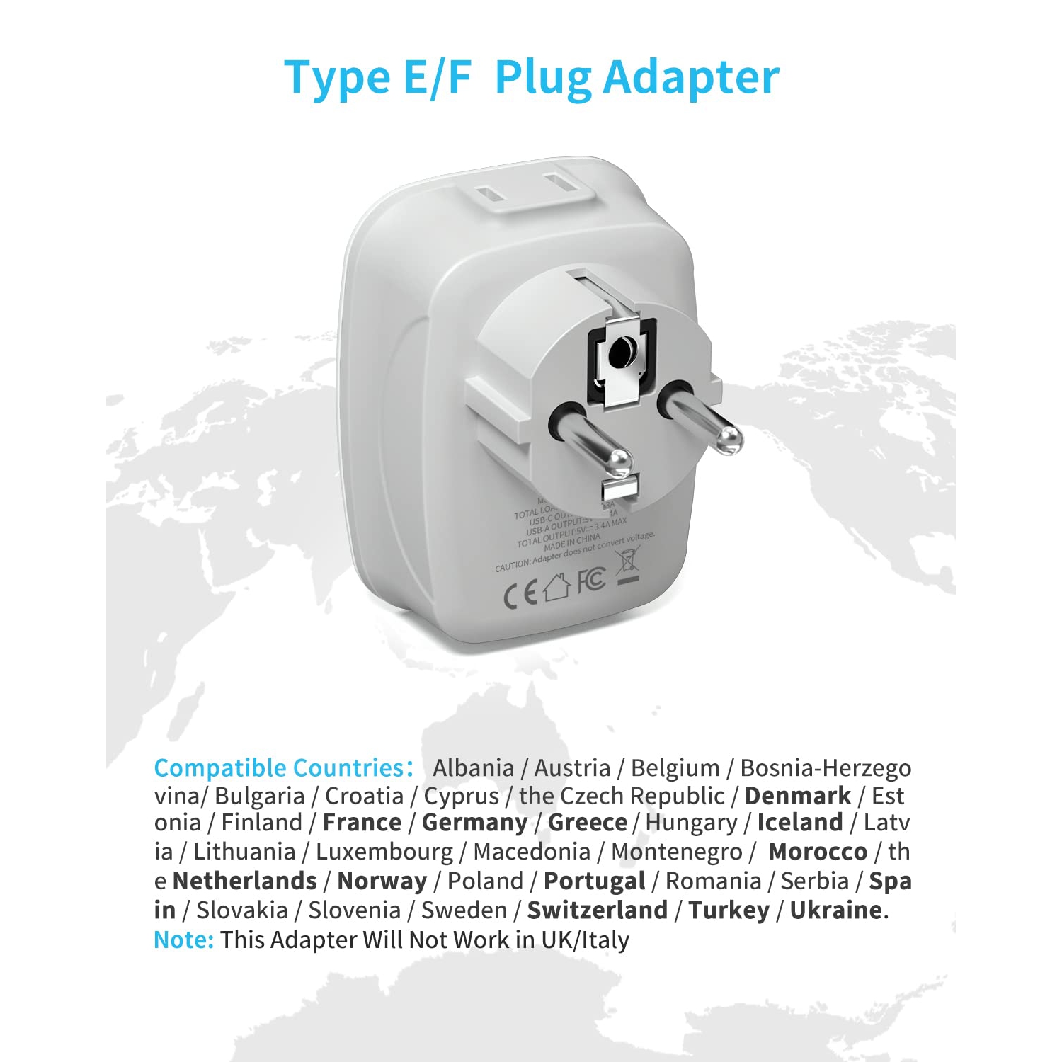 Type E/F Plug Adapter, VINTAR Schuko Germany France Adapter Plug,South Korea Outlet Adapter with 1 USB C,3 USB Ports and US Outlets, US to EU Spain