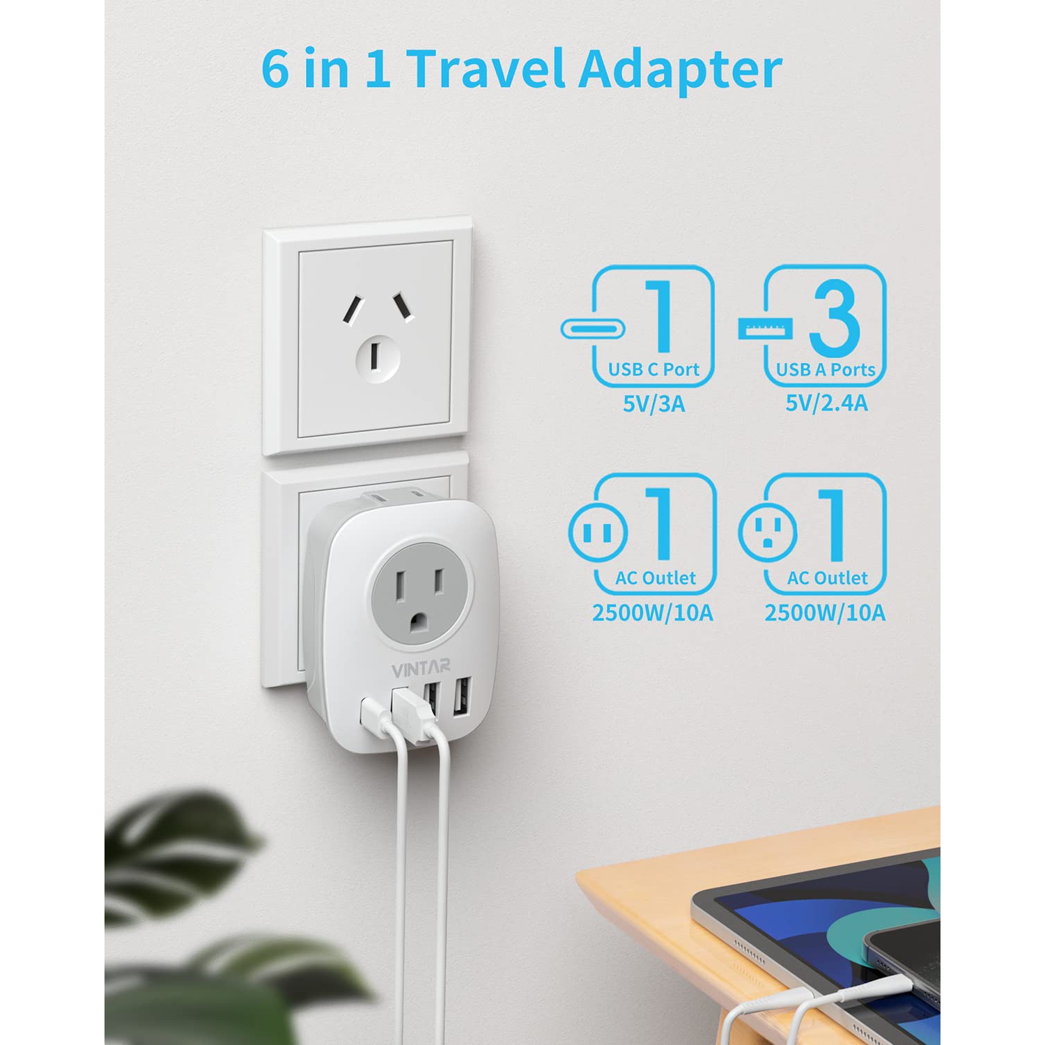 Canada to Australia Plug Adapter,Adapter with 1 USB C, 2 American Outlets and 3 USB Ports, 6 in 1 International Power Adapter for US to Australia,