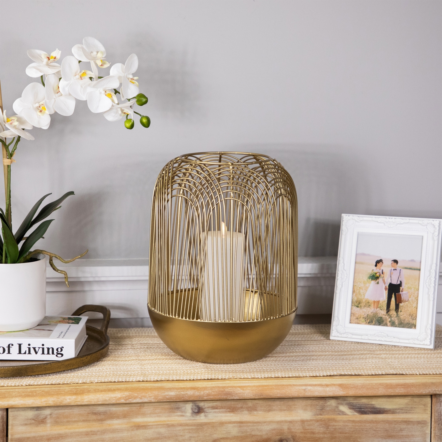 Grand porte-bougie cylindrique en fer superposé - 13 po - fini laiton