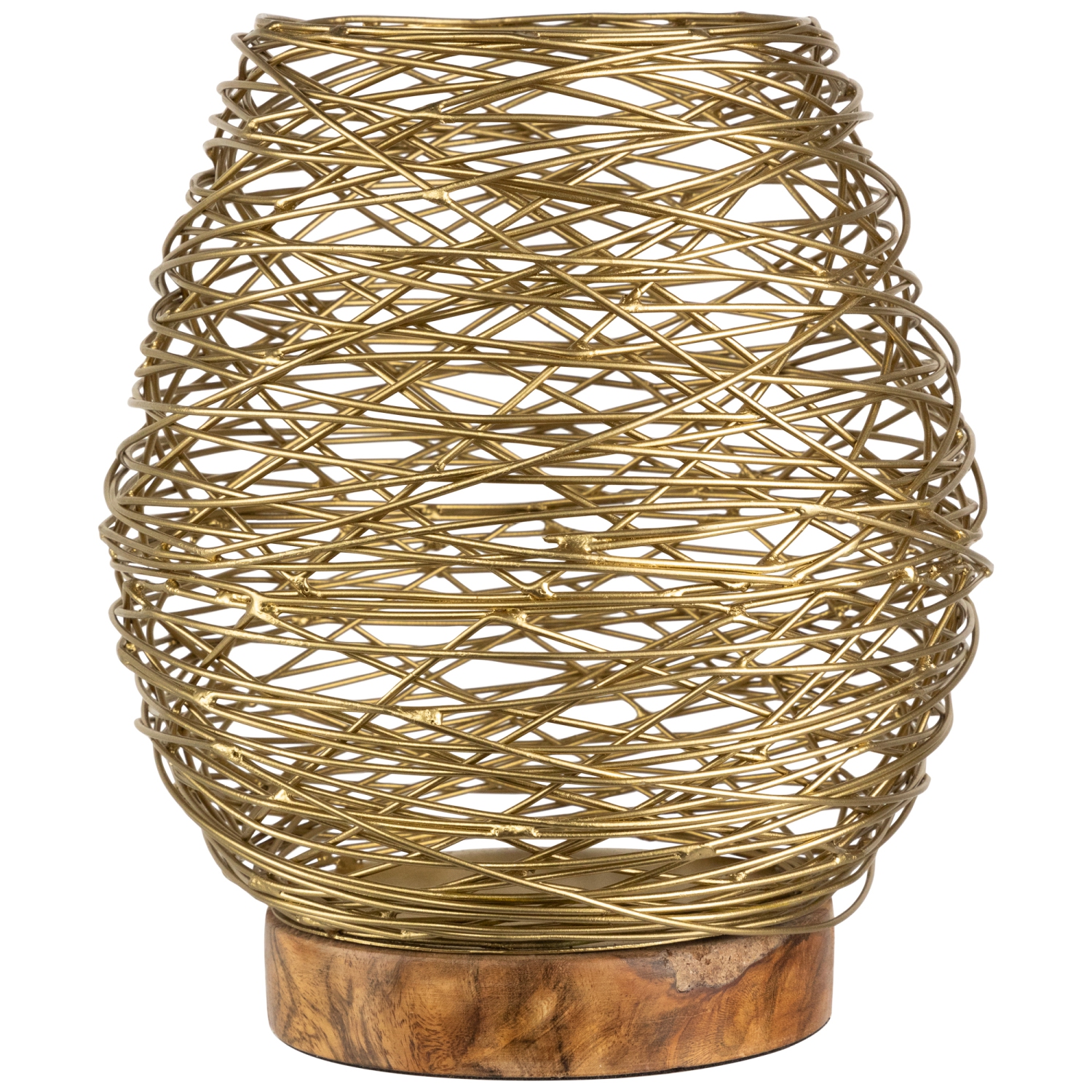 Medium Woven Iron Votive Candle Holder with Wooden Base - 8.5" - Brass Finish