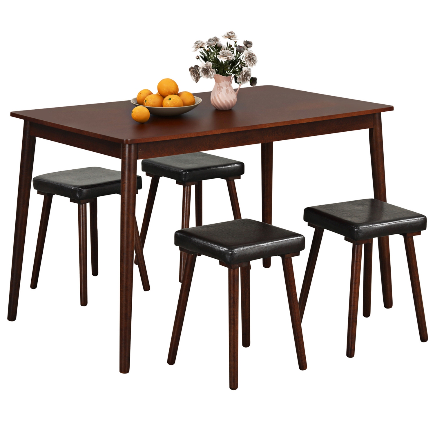 Gymax 5PCS Dining Table Set for 4 w/ 4 Upholstered Stools Rubber Wood Legs for Kitchen