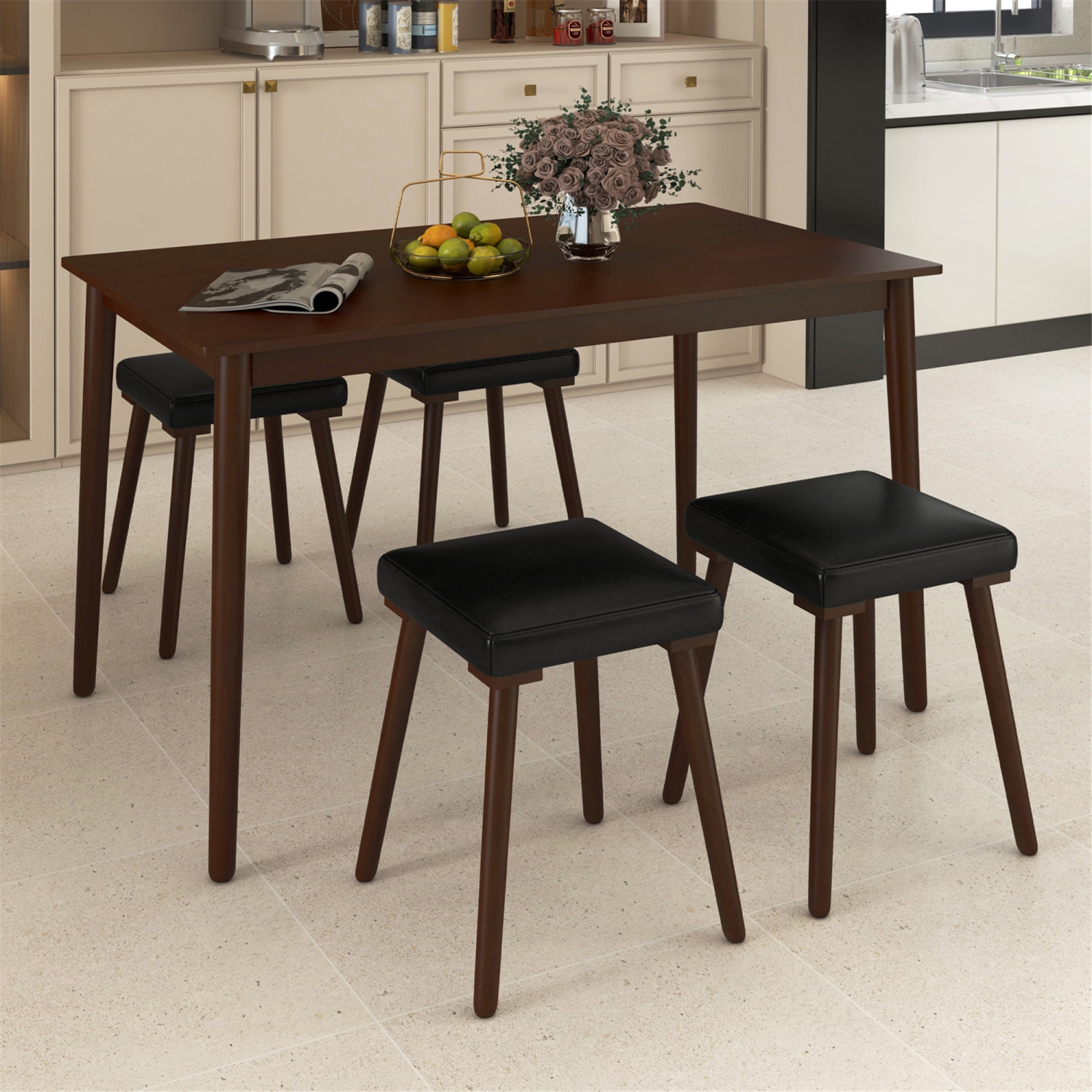 Gymax 5PCS Dining Table Set for 4 w/ 4 Upholstered Stools Rubber Wood Legs for Kitchen