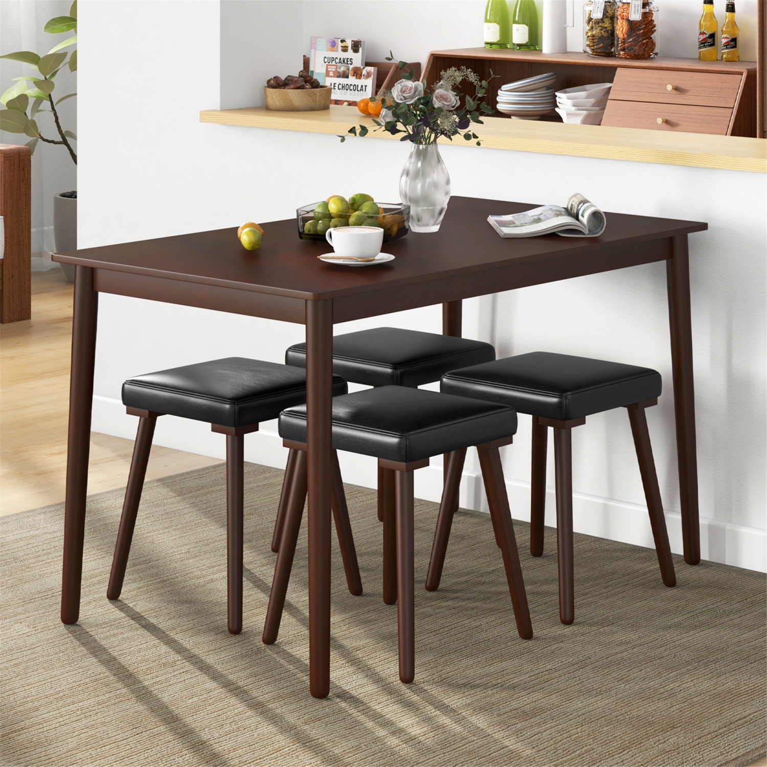 Gymax 5PCS Dining Table Set for 4 w/ 4 Upholstered Stools Rubber Wood Legs for Kitchen