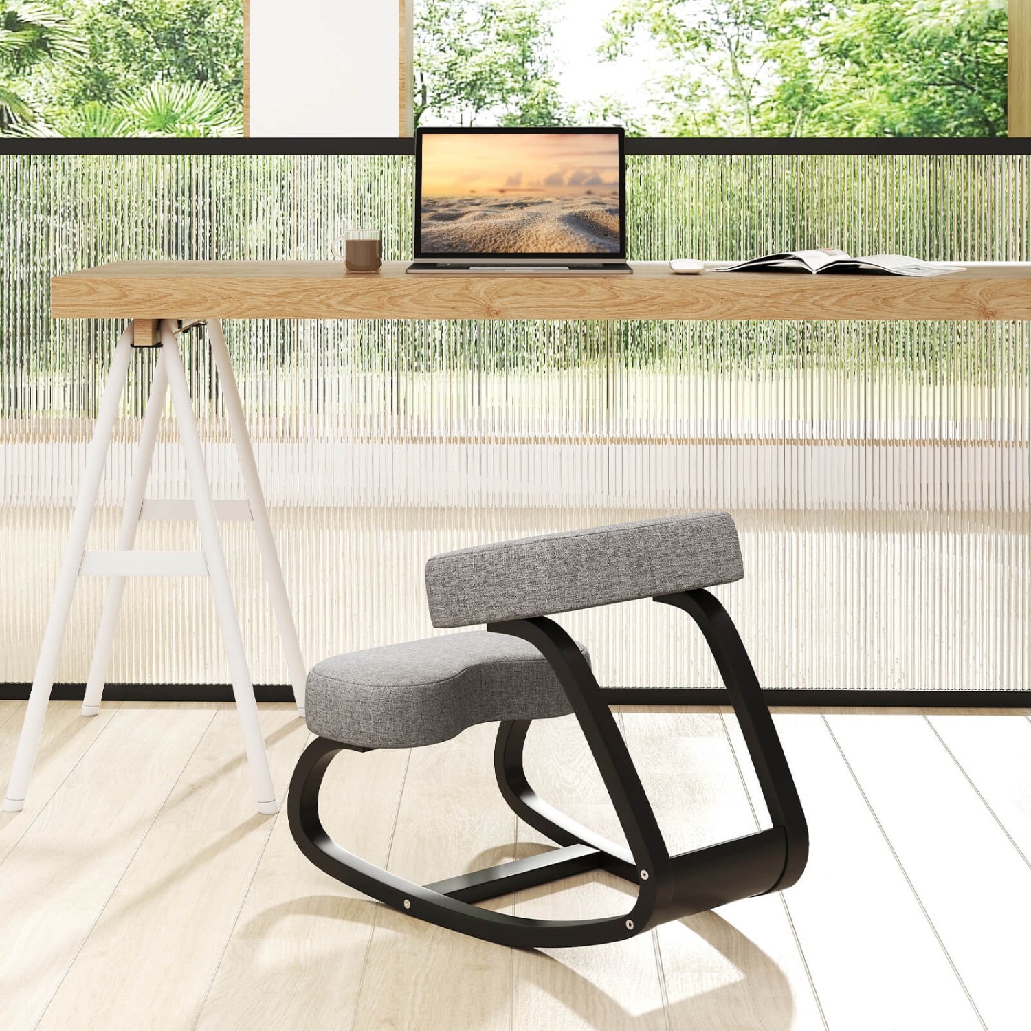 Costway 2 Pcs Rocking Kneeling Chair Ergonomic Posture Correcting Back Padded Cushion