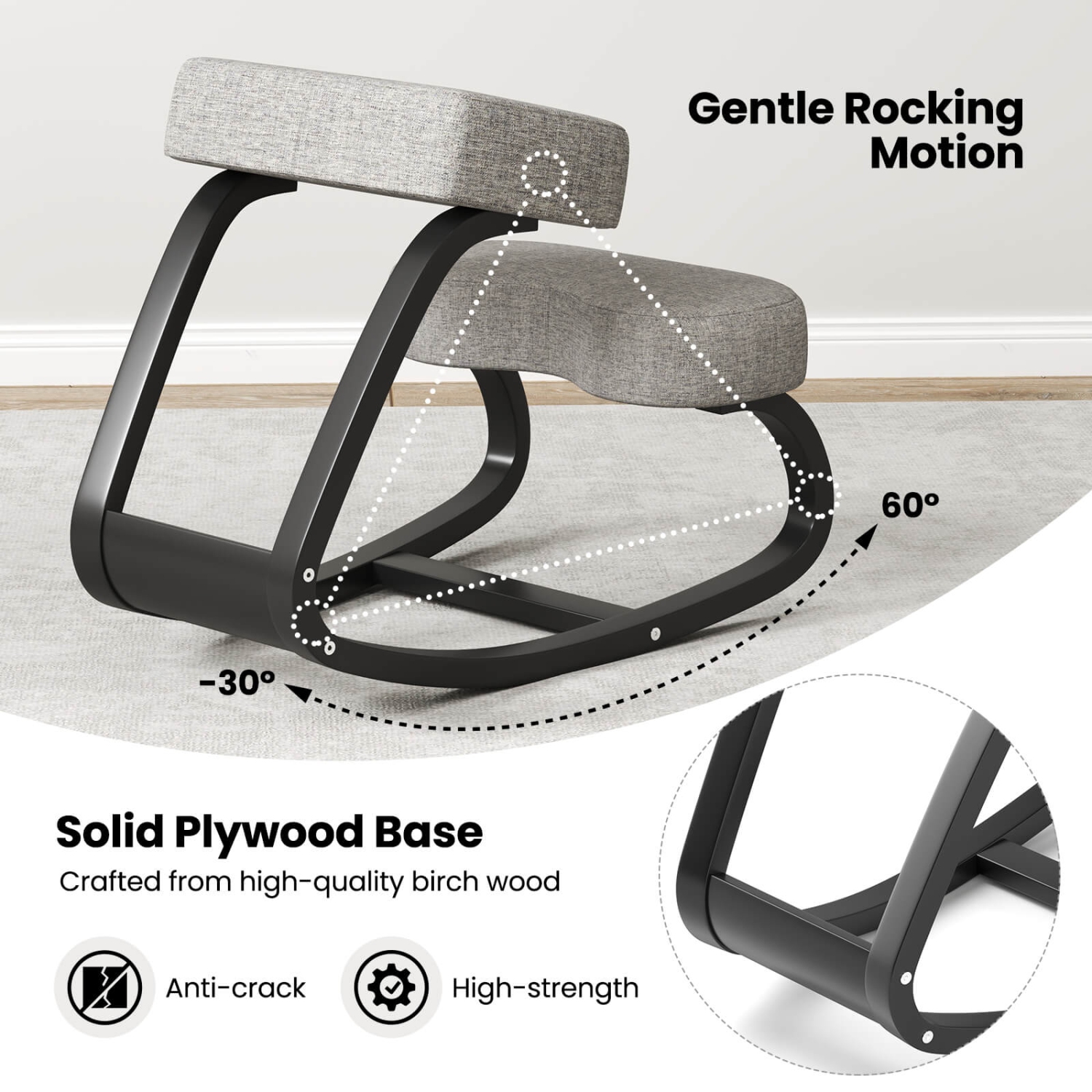 Costway 2 Pcs Rocking Kneeling Chair Ergonomic Posture Correcting Back Padded Cushion