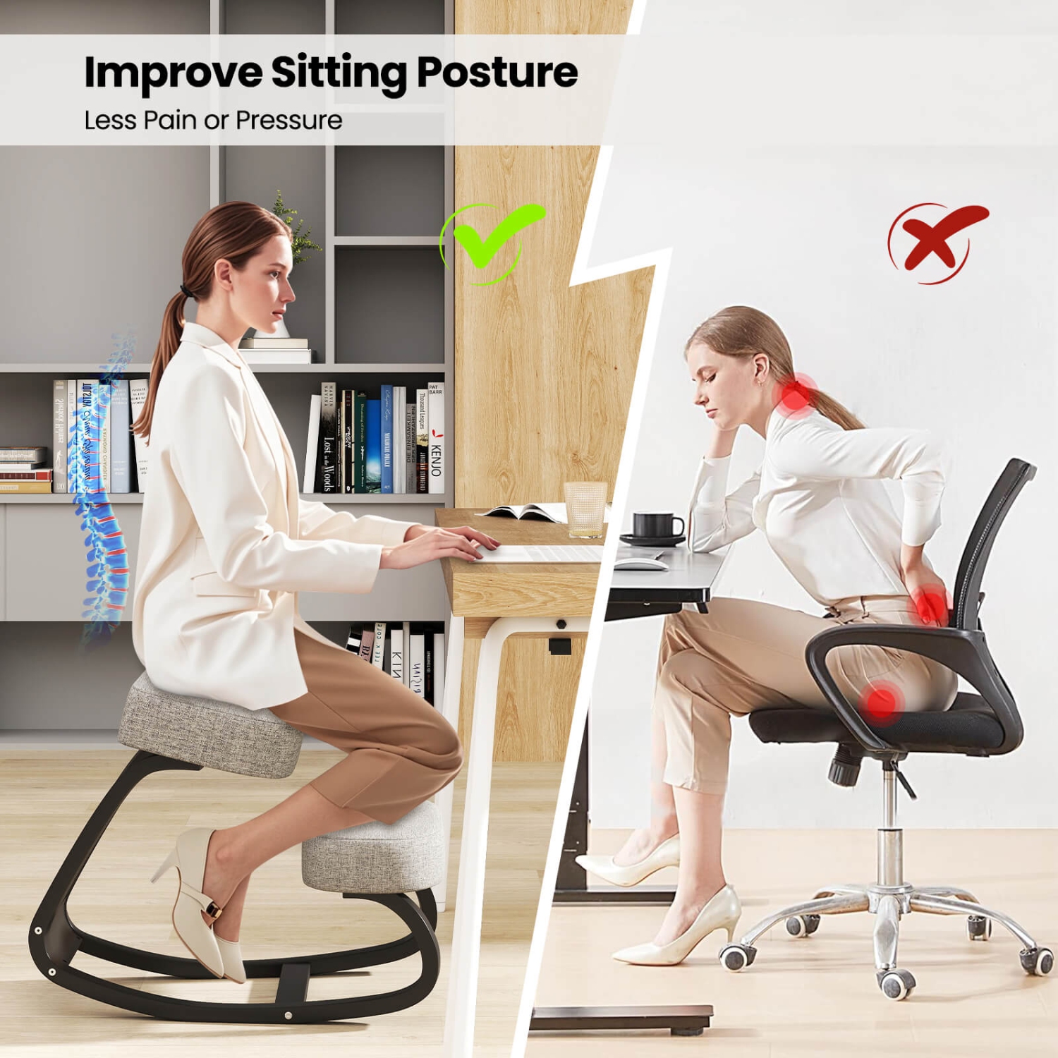 Costway 2 Pcs Rocking Kneeling Chair Ergonomic Posture Correcting Back Padded Cushion