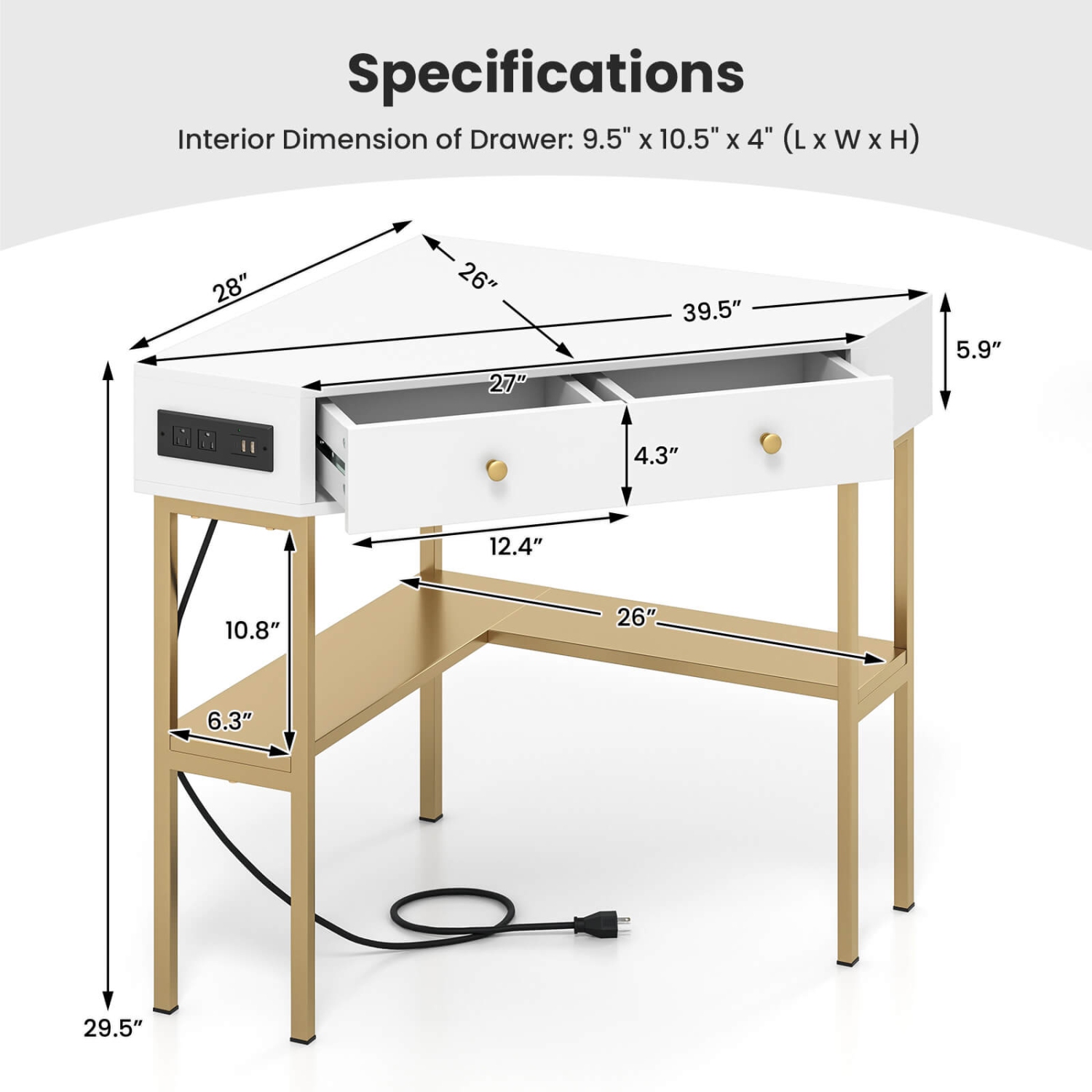 Bureau d'angle avec station de recharge intégrée et tablettes ouvertes de Costway
