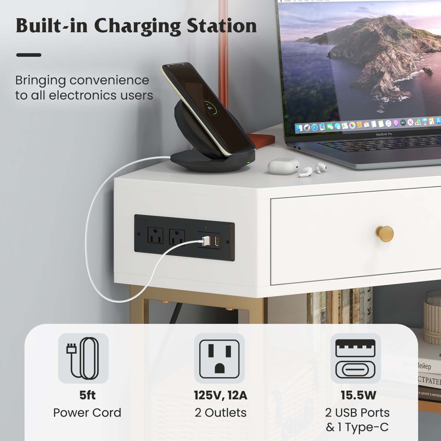 Bureau d'angle avec station de recharge intégrée et tablettes ouvertes de Costway