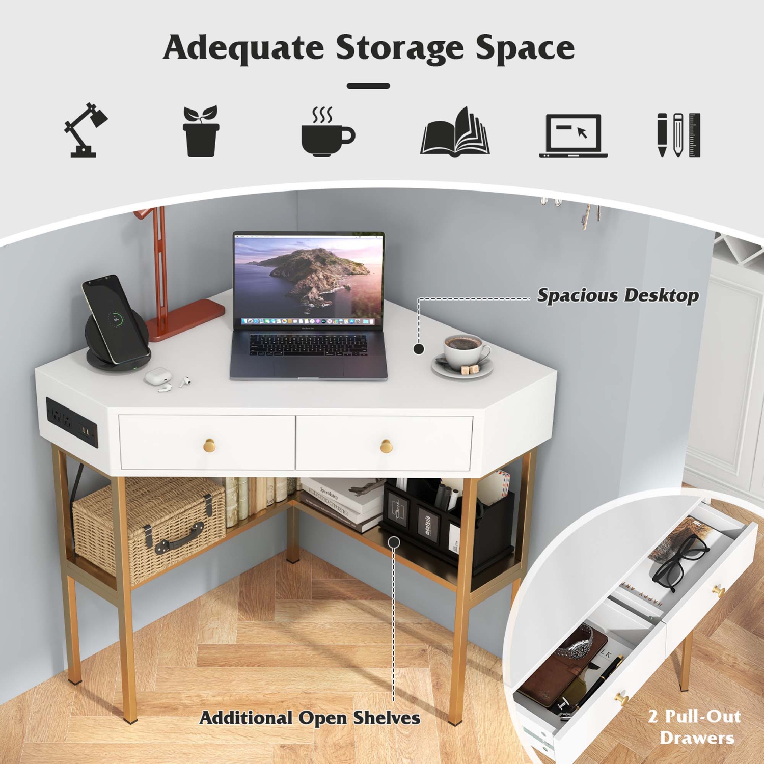 Bureau d'angle avec station de recharge intégrée et tablettes ouvertes de Costway