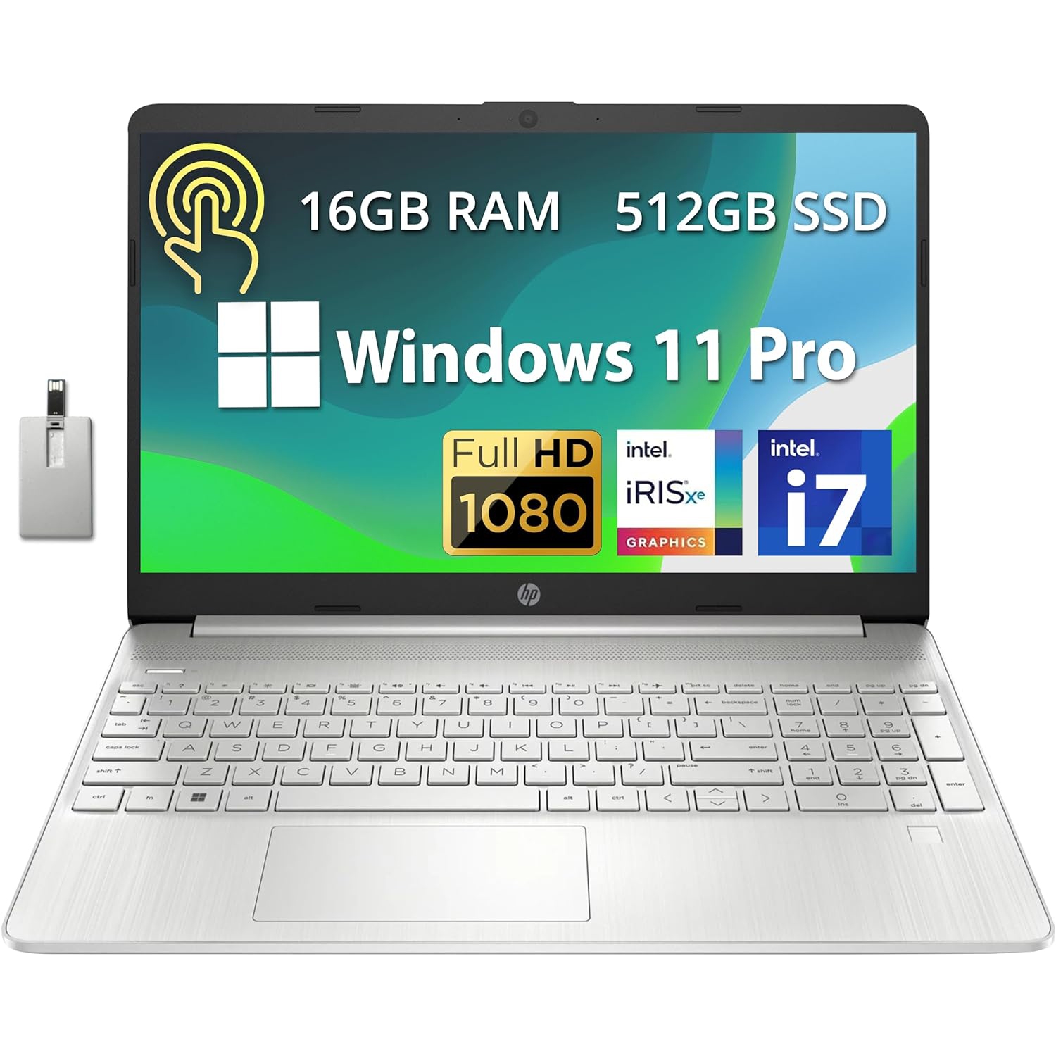 HP 15.6" FHD IPS Touchscreen Laptop, 11th Gen Intel Core i7-1165G7 Processor, 512GB SSD, 16GB DDR4 RAM, Intel Iris Xe Graphics, HD Webcam, Windows 11 Pro, 32GB Hotface USB Card