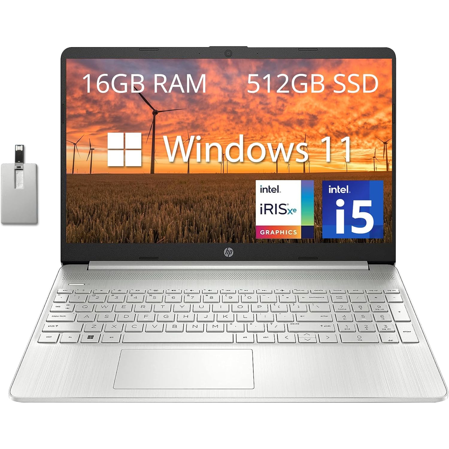 HP 15.6" FHD Laptop Computer, 11th Gen Intel Core i5-1135G7, 512GB PCIe SSD, 16GB DDR4 RAM, Intel Iris Xe Graphics, HD Webcam, Stereo Speakers, Windows 11, Silver, 32GB USB Card