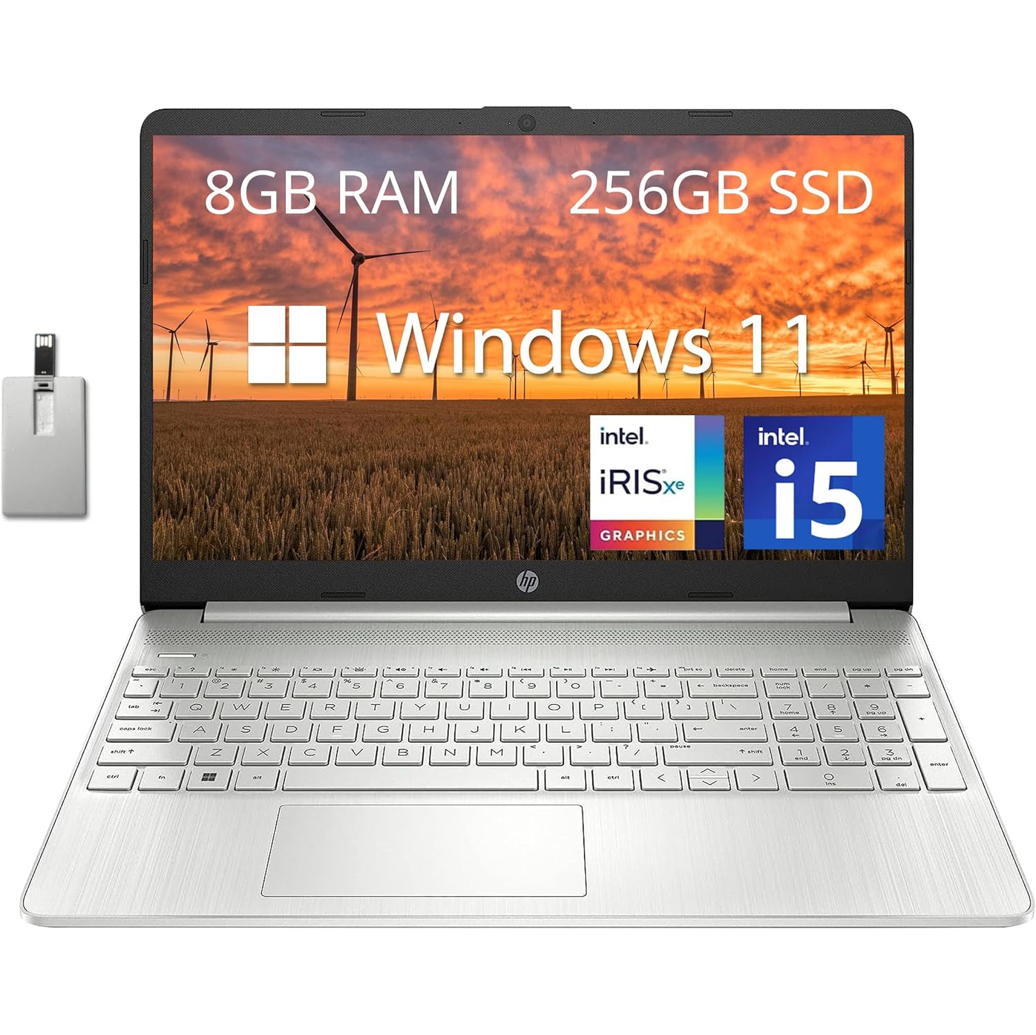 HP 15.6" FHD Laptop Computer, 11th Gen Intel Core i5-1135G7, 256GB PCIe SSD, 8GB DDR4 RAM, Intel Iris Xe Graphics, HD Webcam, Stereo Speakers, Windows 11, Silver, 32GB USB Card