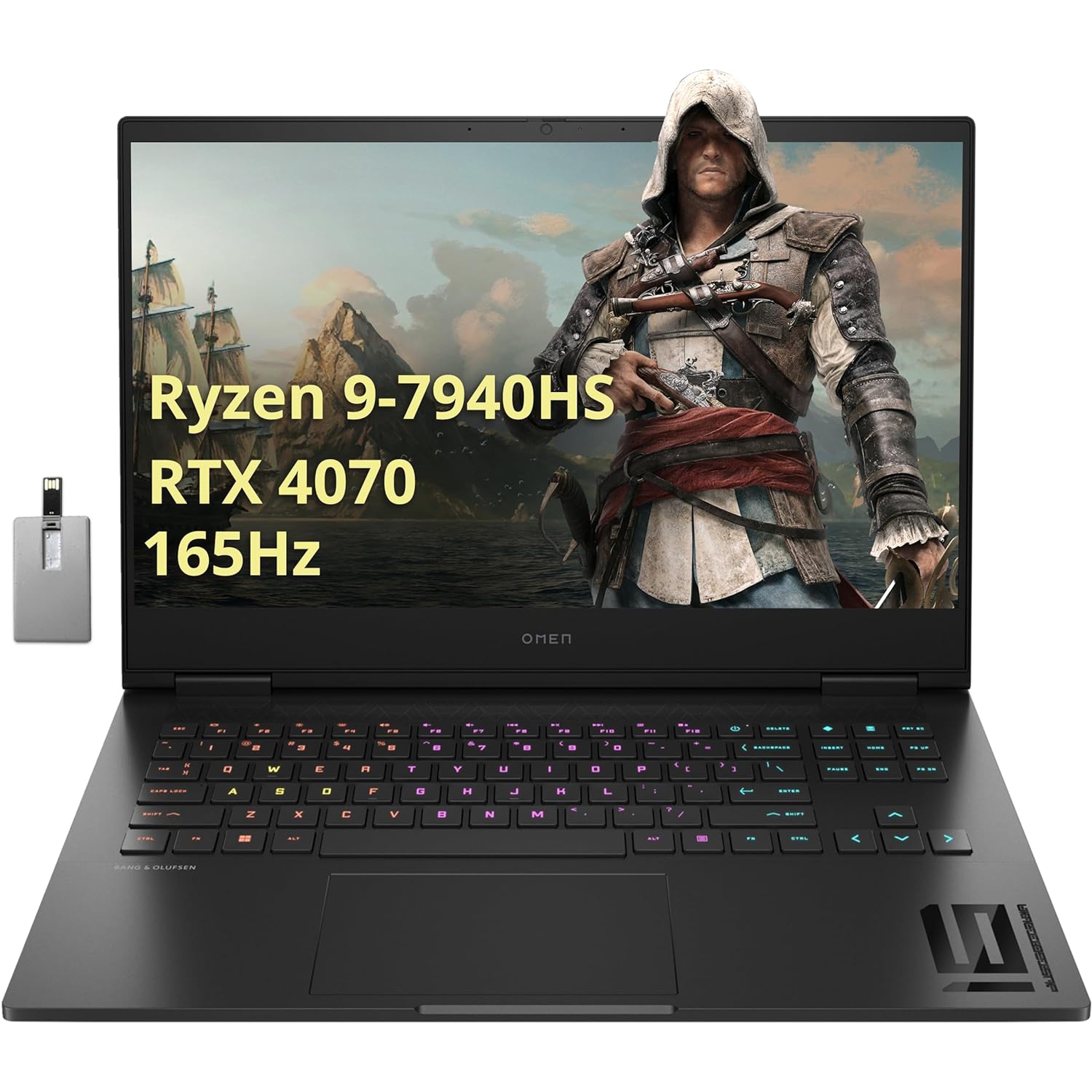 HP OMEN 16" FHD 165Hz Gaming Laptop, AMD Ryzen 9 7940HS, 4TB SSD, 64GB DDR5, NVIDIA GeForce RTX 4070, 4-Zone Backlit Keyboard, Black, Windows 11 Pro, 32GB Hotface USB Card