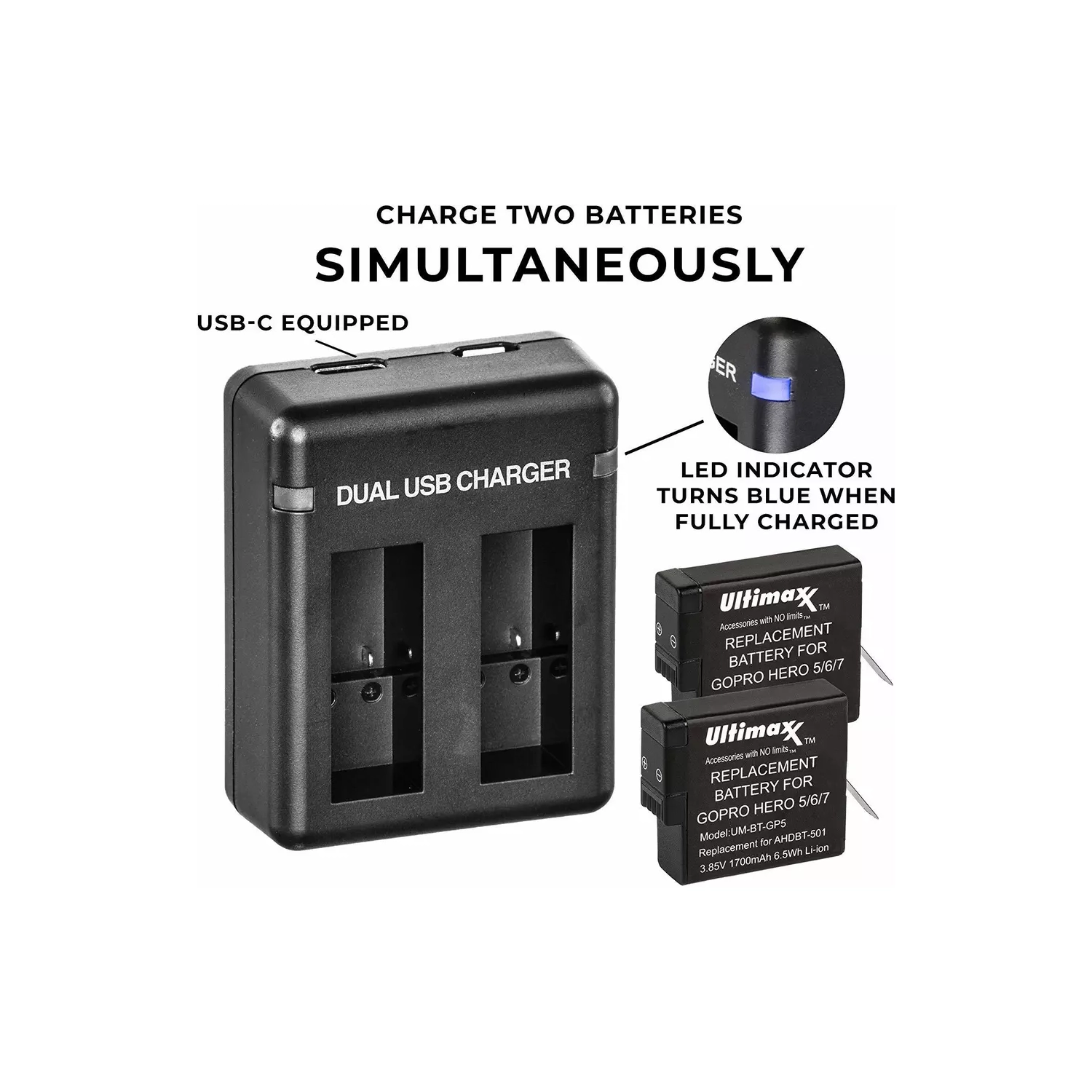 Batterie et chargeur double pour GoPro HERO8 HERO7 HERO6 HERO5