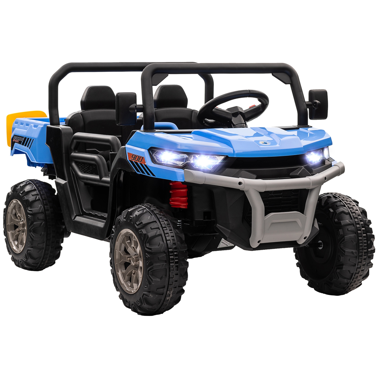 Aosom 12V Ride on Car with Electric Bucket, Two-Seater Battery-Powered Cars for Kids with Shovel, Remote Control, Spring Suspension, Horn, Music, Blue