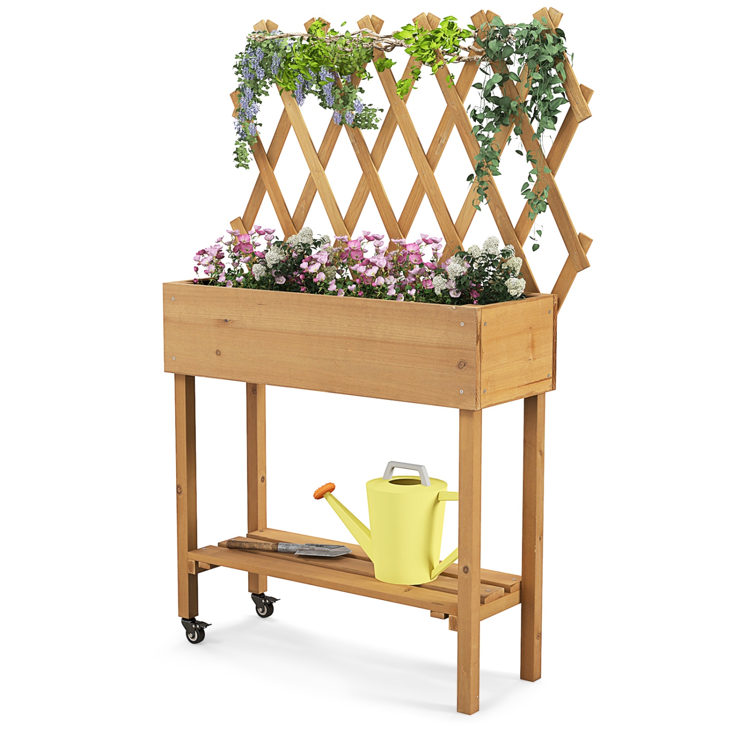 Lit de jardin surélevé en bois de Costway avec roues de rangement en treillis pour tablettes de rangement pour les trous de drainage