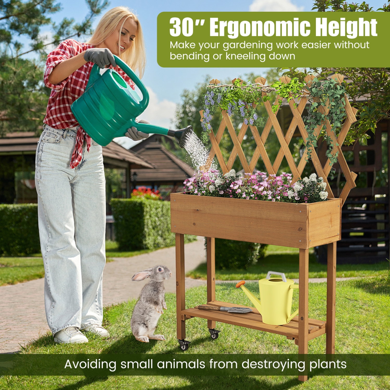 Lit de jardin surélevé en bois de Costway avec roues de rangement en treillis pour tablettes de rangement pour les trous de drainage