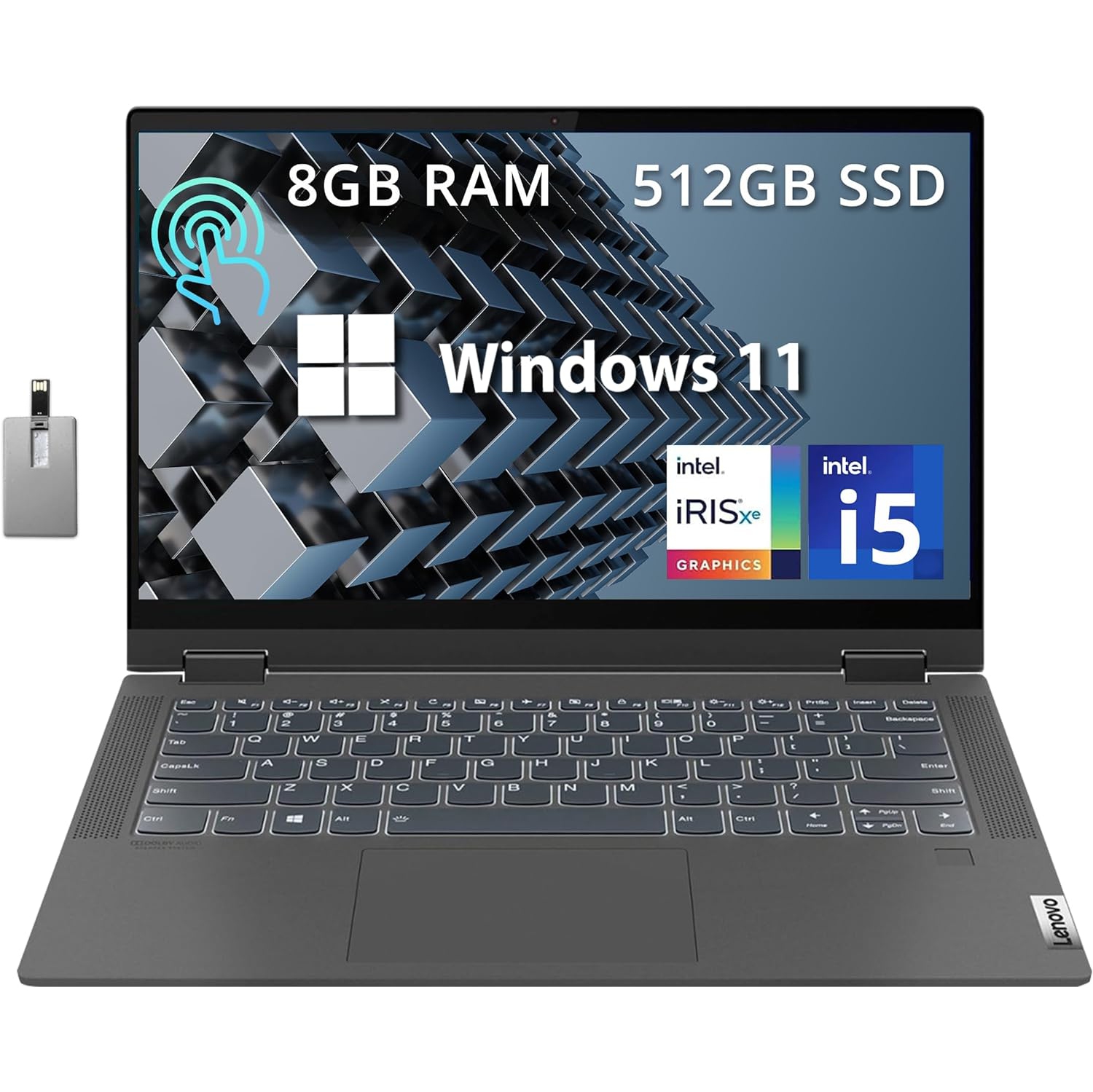 Lenovo IdeaPad Flex 5 15.6" FHD Touchscreen Laptop, Intel Core i5 1135G7,512GB PCle SSD, 8GB RAM, Intel Iris Xe Graphics, Fingerprint Reader, Gray, Win 11, 32GB Hotface USB Card