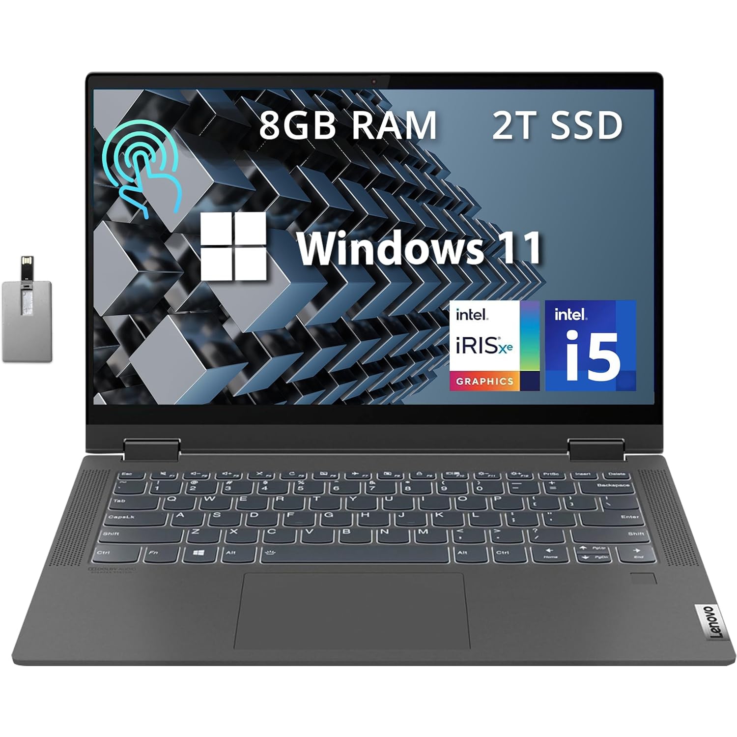 Lenovo IdeaPad Flex 5 15.6" FHD Touchscreen Laptop, Intel Core i5 1135G7, 2TB PCle SSD, 8GB RAM, Intel Iris Xe Graphics, Fingerprint Reader, Gray, Win 11, 32GB Hotface USB Card