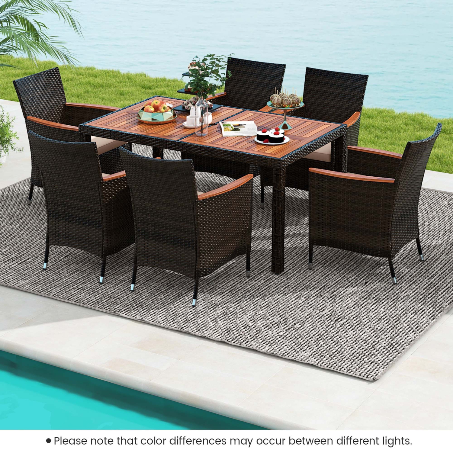 Costway 7 Pieces Outdoor Wicker Dining Set with Acacia Wood Table and 6 Stackable Chairs