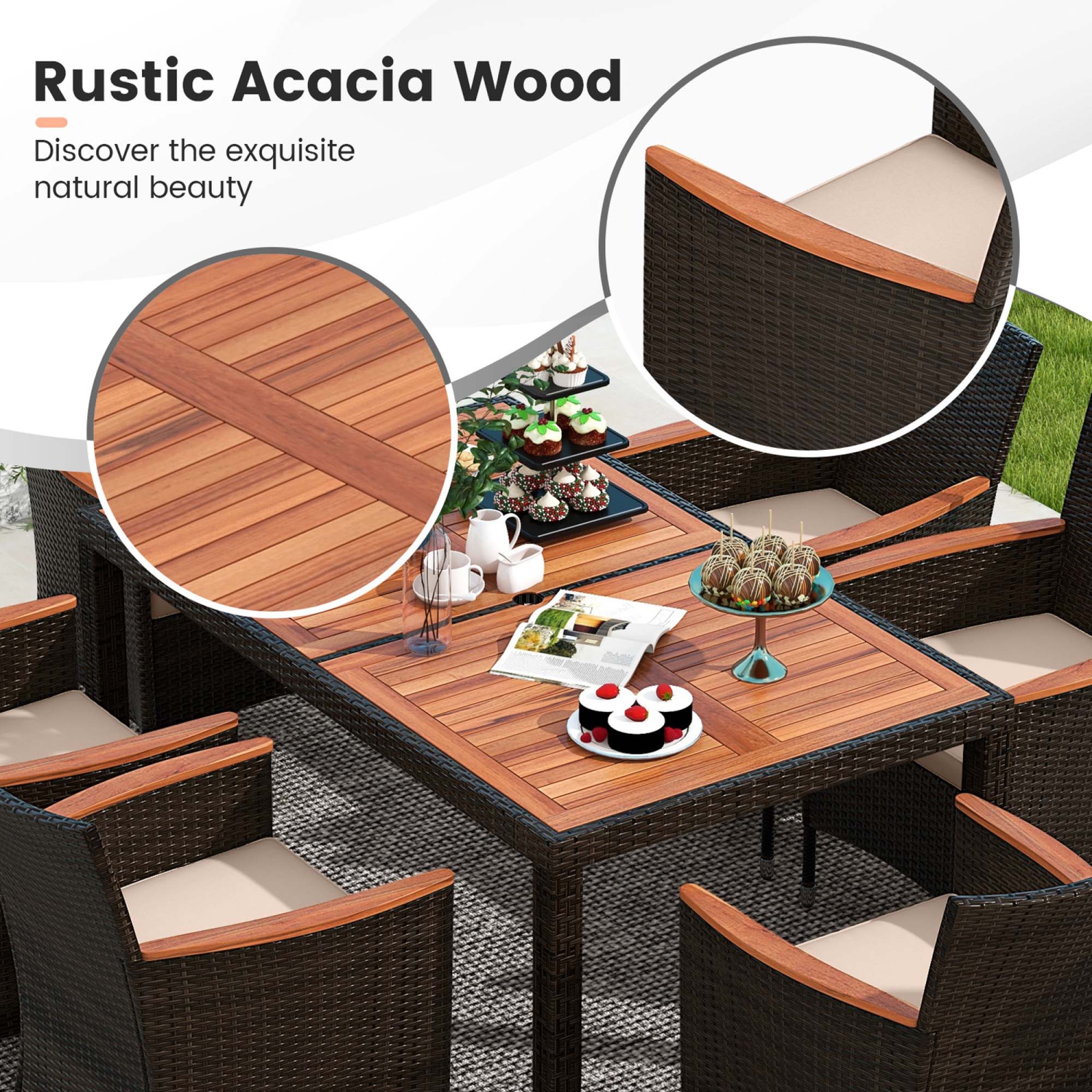 Costway 7 Pieces Outdoor Wicker Dining Set with Acacia Wood Table and 6 Stackable Chairs