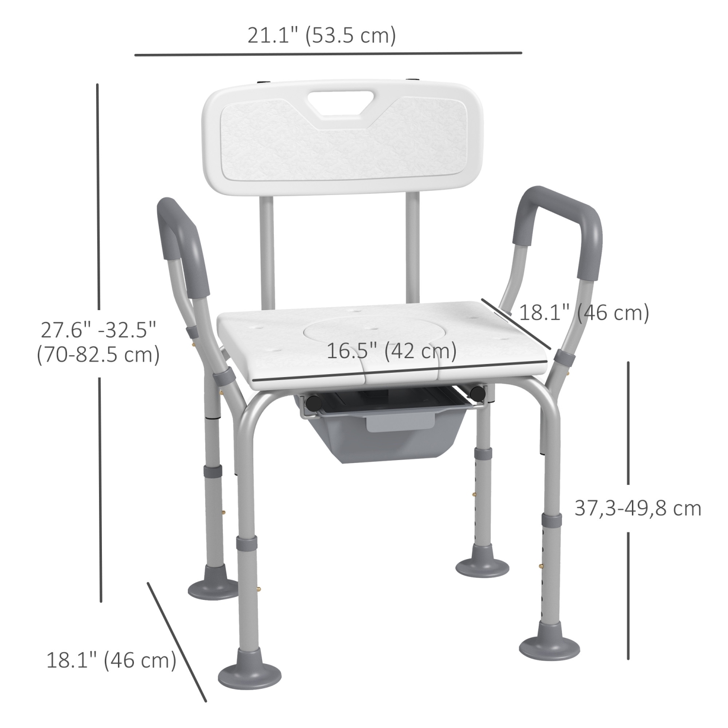 HOMCOM 3-in-1 Shower Chair with Back and Arms, Height Adjustable Bedside Commode, Raised Toilet Seat with Non-Slip Rubber Foot Pad for Seniors,