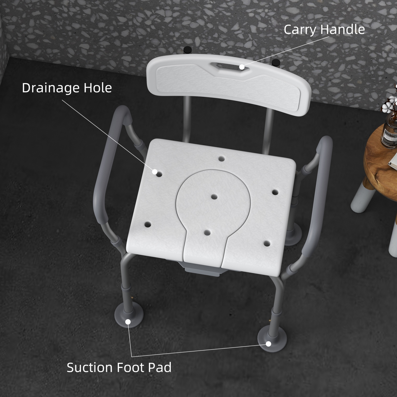 HOMCOM 3-in-1 Shower Chair with Back and Arms, Height Adjustable Bedside Commode, Raised Toilet Seat with Non-Slip Rubber Foot Pad for Seniors,