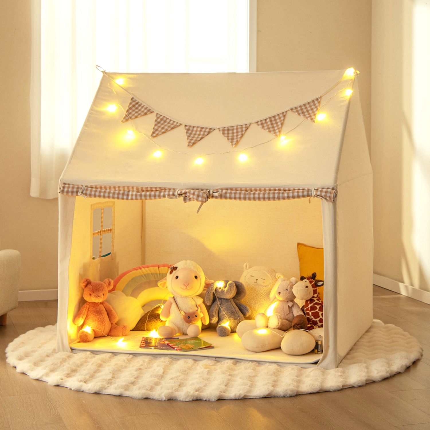 Tente de jeu de Honeyjoy Kids, grande maisonnette avec tapis rembourré, 2 lumières d'étoiles Windows respirantes