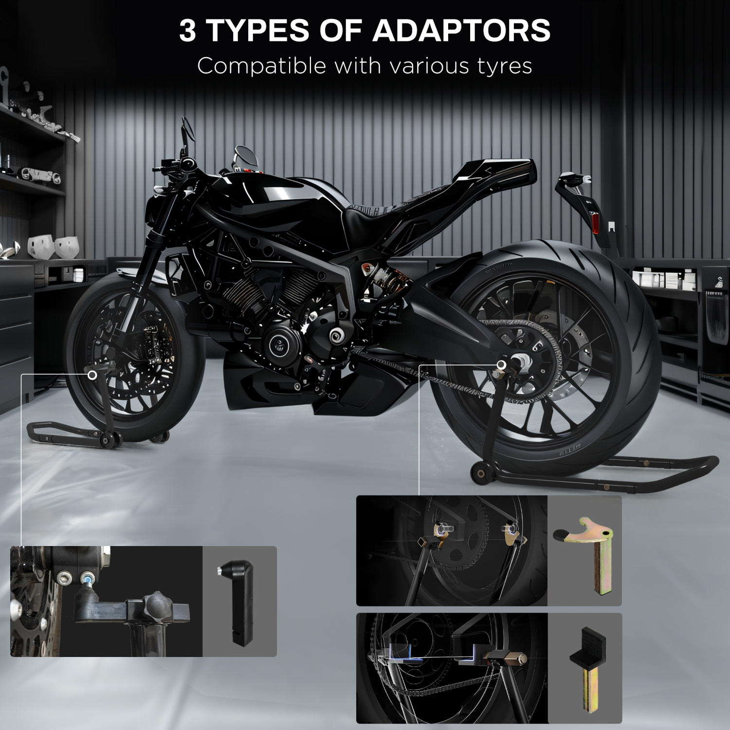 Support de moto HOMCOM, élévateur de moto avant et arrière convertible avec 3 types d'adaptateurs, porte-paddock universel, noir