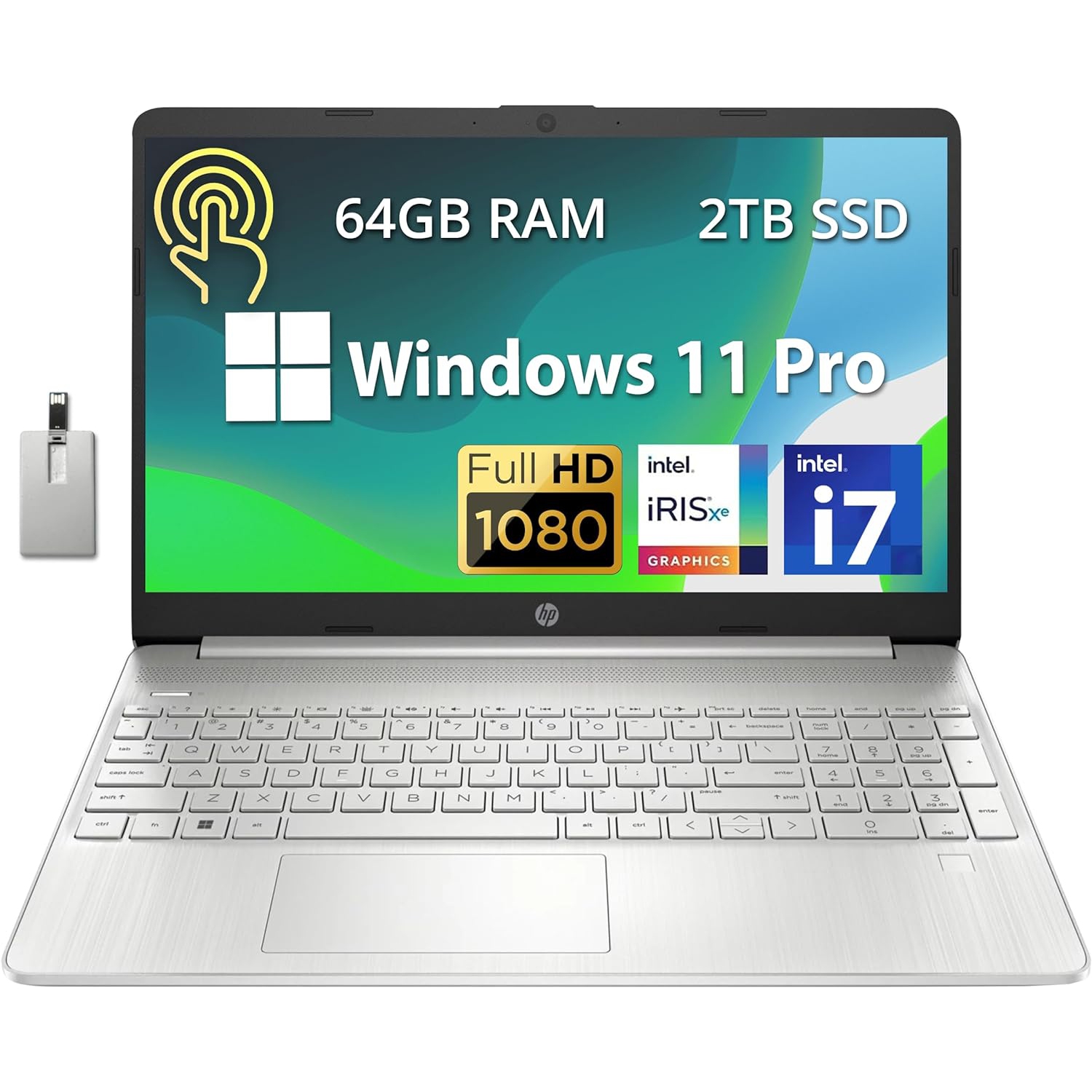 HP 15.6" FHD IPS Touchscreen Laptop, 11th Gen Intel Core i7-1165G7 Processor, 2TB SSD, 64GB DDR4 RAM, Intel Iris Xe Graphics, HD Webcam, Windows 11 Pro, 32GB Hotface USB Card