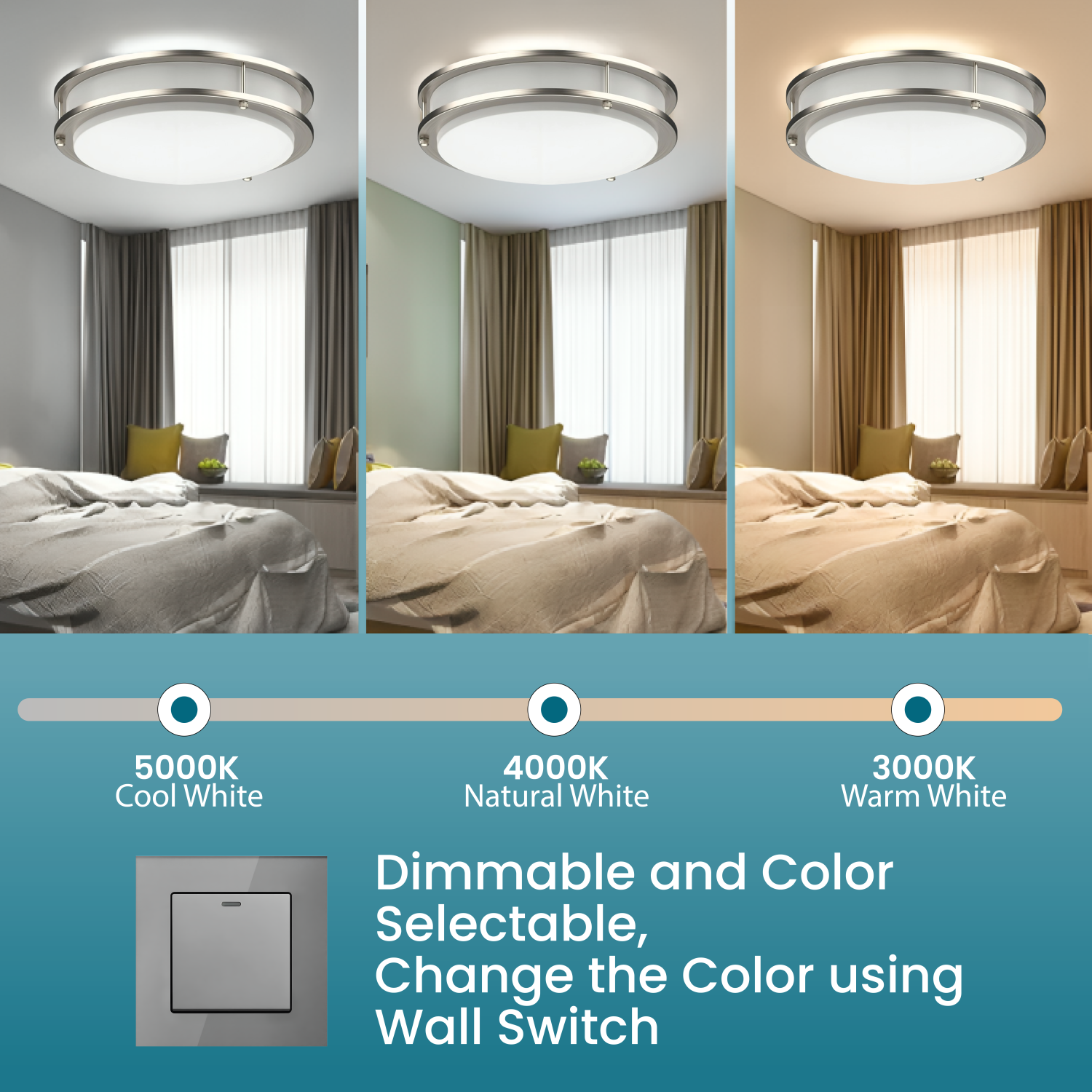 LED 12 Inch Flush Mount Ceiling Light, 15W 1200LM - Dimmable Ceiling Lamp, 3CCT Selectable, Brushed Nickel Light for Bedroom, Kitchen, Hallway (Pack