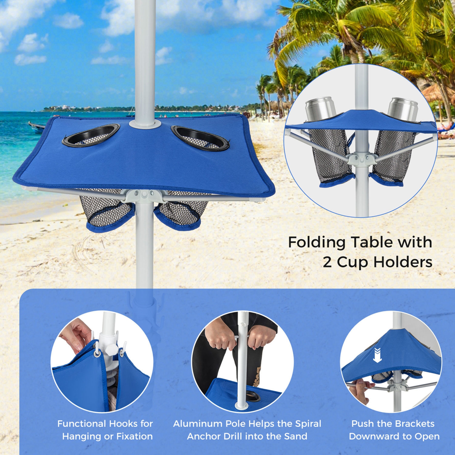 Costway – tente de plage FPU 50+ 6,6 pi x 6,6 pi Cabana de plage avec table pliante, 5 sacs de sable