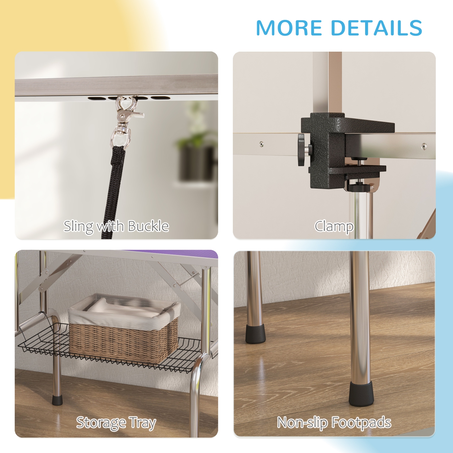 PawHut – Table de toilettage réglable de 43 6&nbsp;po de long, dessus en caoutchouc, 2 élingues de sécurité, panier de rangement en mailles, métal,
