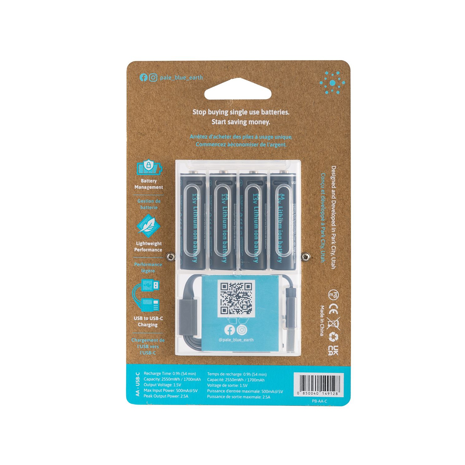 (4) piles intelligentes rechargeables USB AA avec câble de chargement 4-en-1