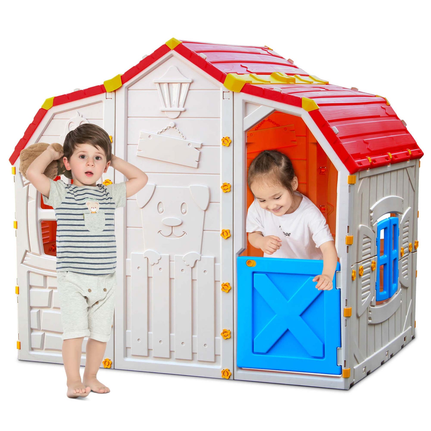 Maisonnette réaliste Cottage de Costway pour enfants avec fenêtres Opable et porte fonctionnelle
