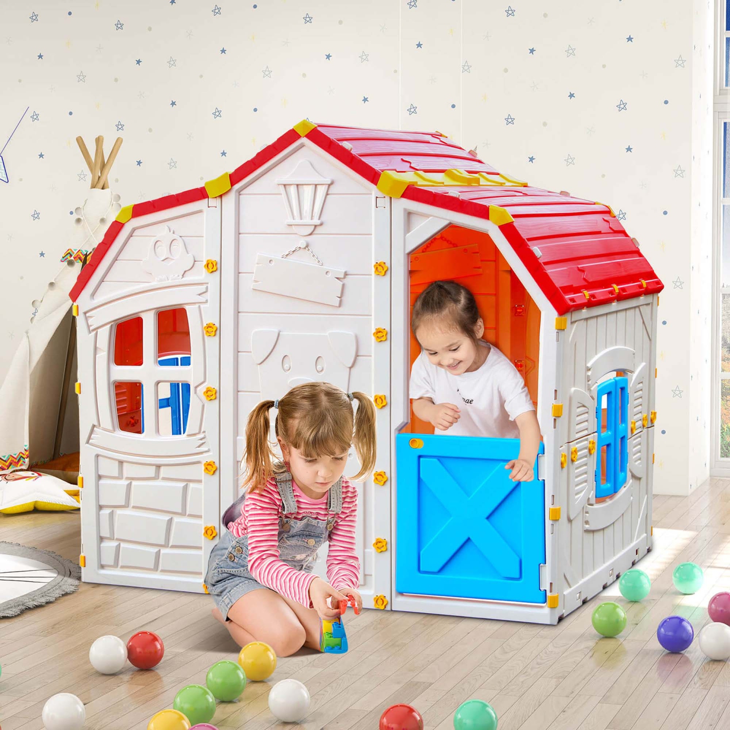 Maisonnette réaliste Cottage de Costway pour enfants avec fenêtres Opable et porte fonctionnelle